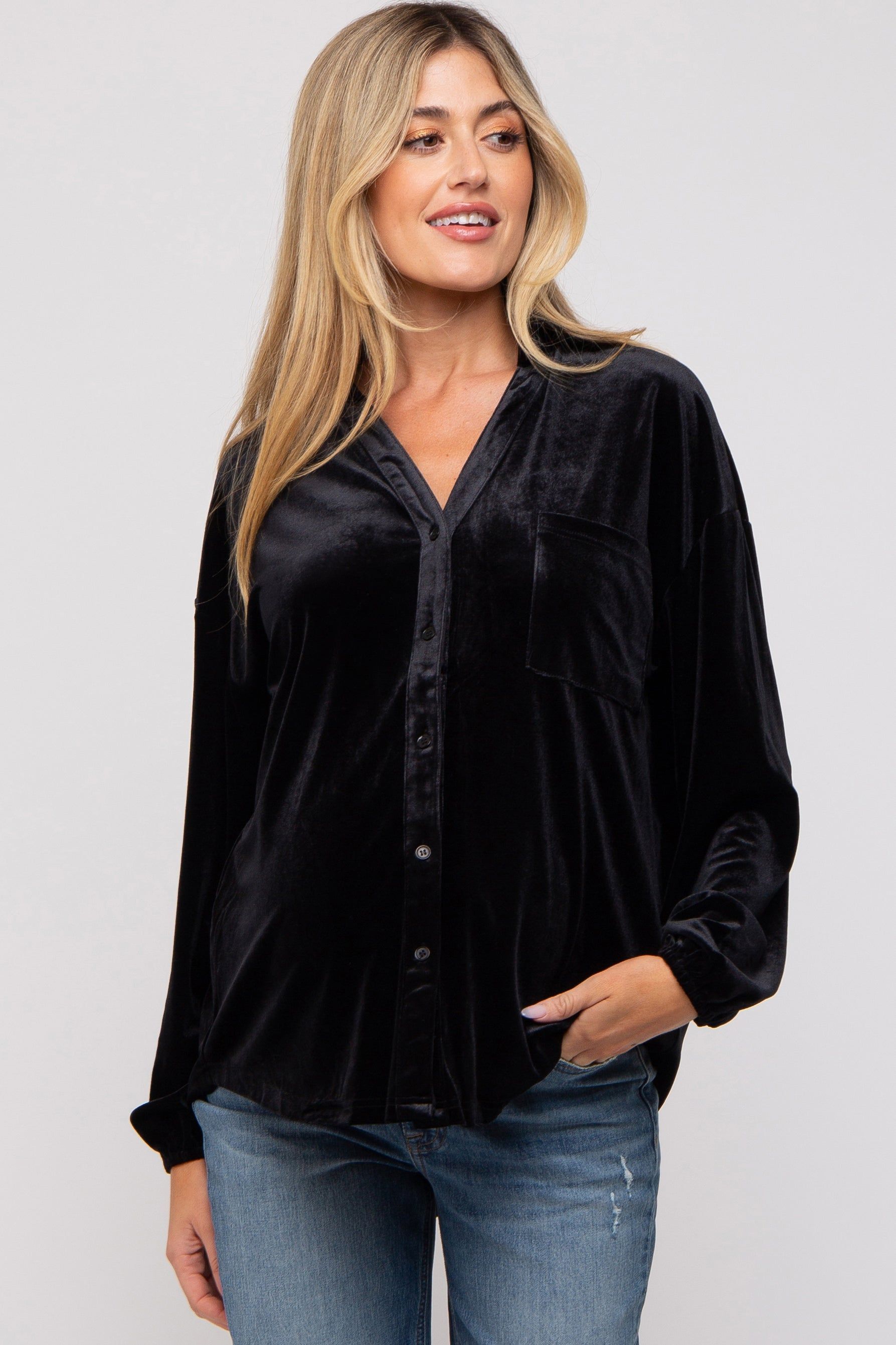 Black Velvet Button Front Collared Maternity Blouse sold by Pinkblush