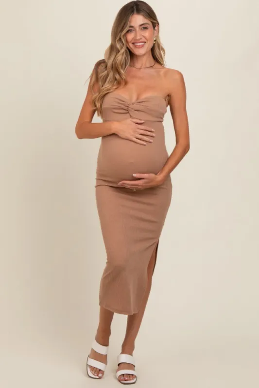 Taupe Strapless Twist Maternity Dress sold by Pinkblush