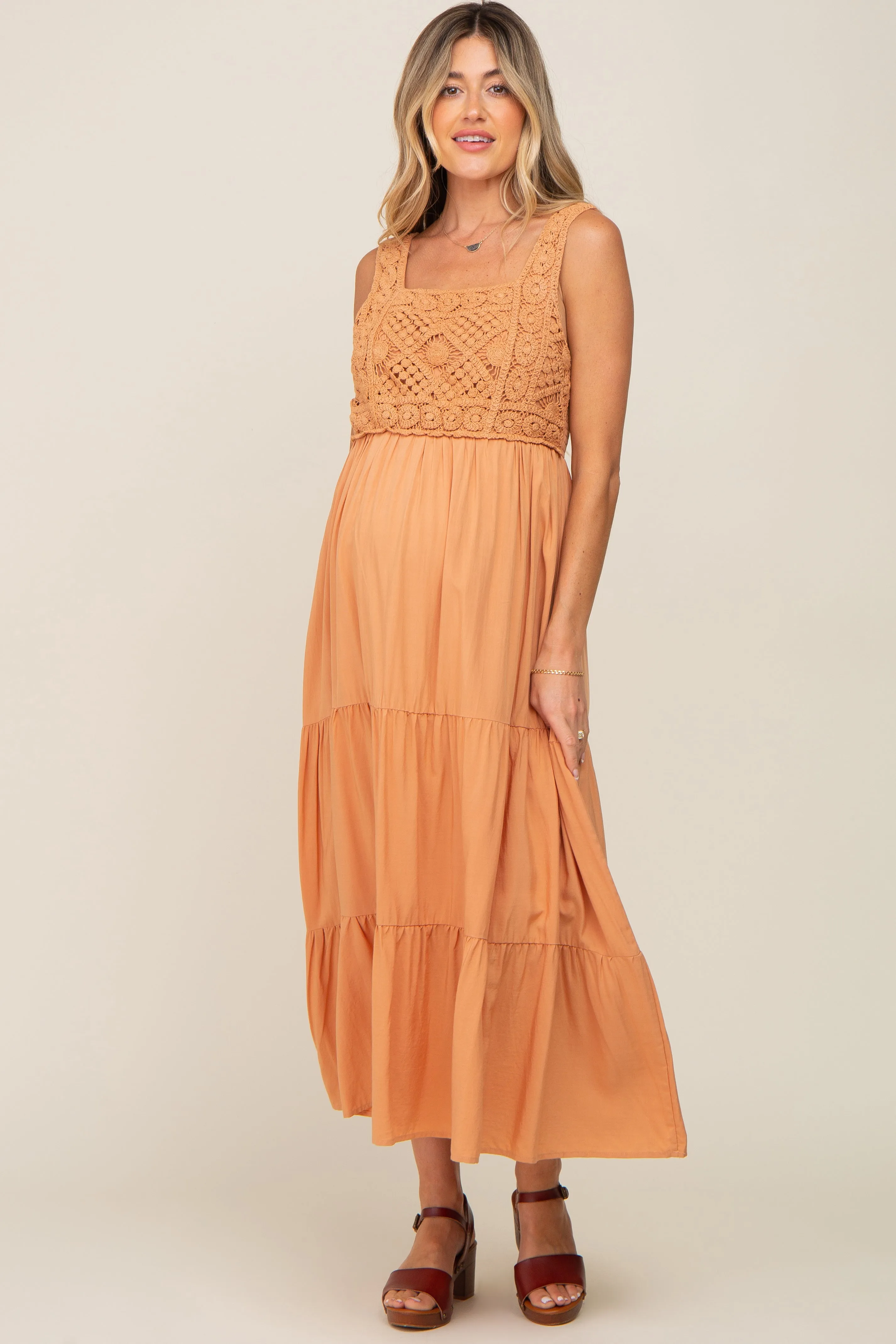Peach Crochet Tiered Maternity Midi Dress sold by Pinkblush product image thumbnail 4