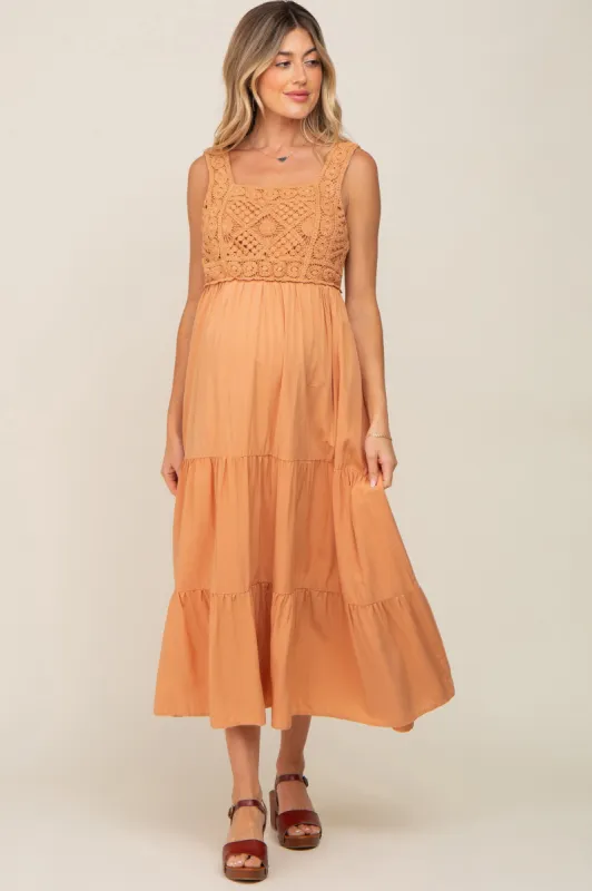 Peach Crochet Tiered Maternity Midi Dress sold by Pinkblush