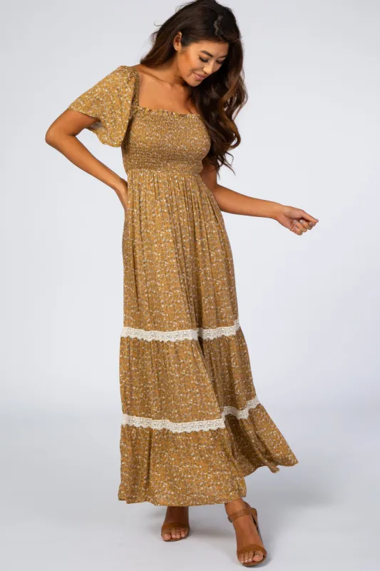 Gold Floral Square Neck Smocked Front Lace Trim Maxi Dress sold by Pinkblush