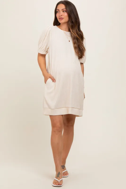 Ivory Textured Stripe Knit Short Puff Sleeve Maternity Dress sold by Pinkblush