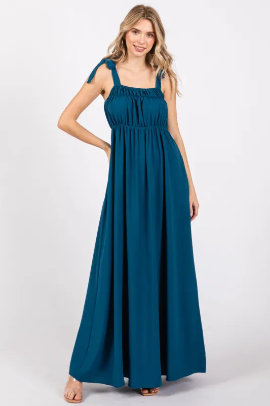 Teal Square Neck Shoulder Tie Maxi Dress sold by Pinkblush