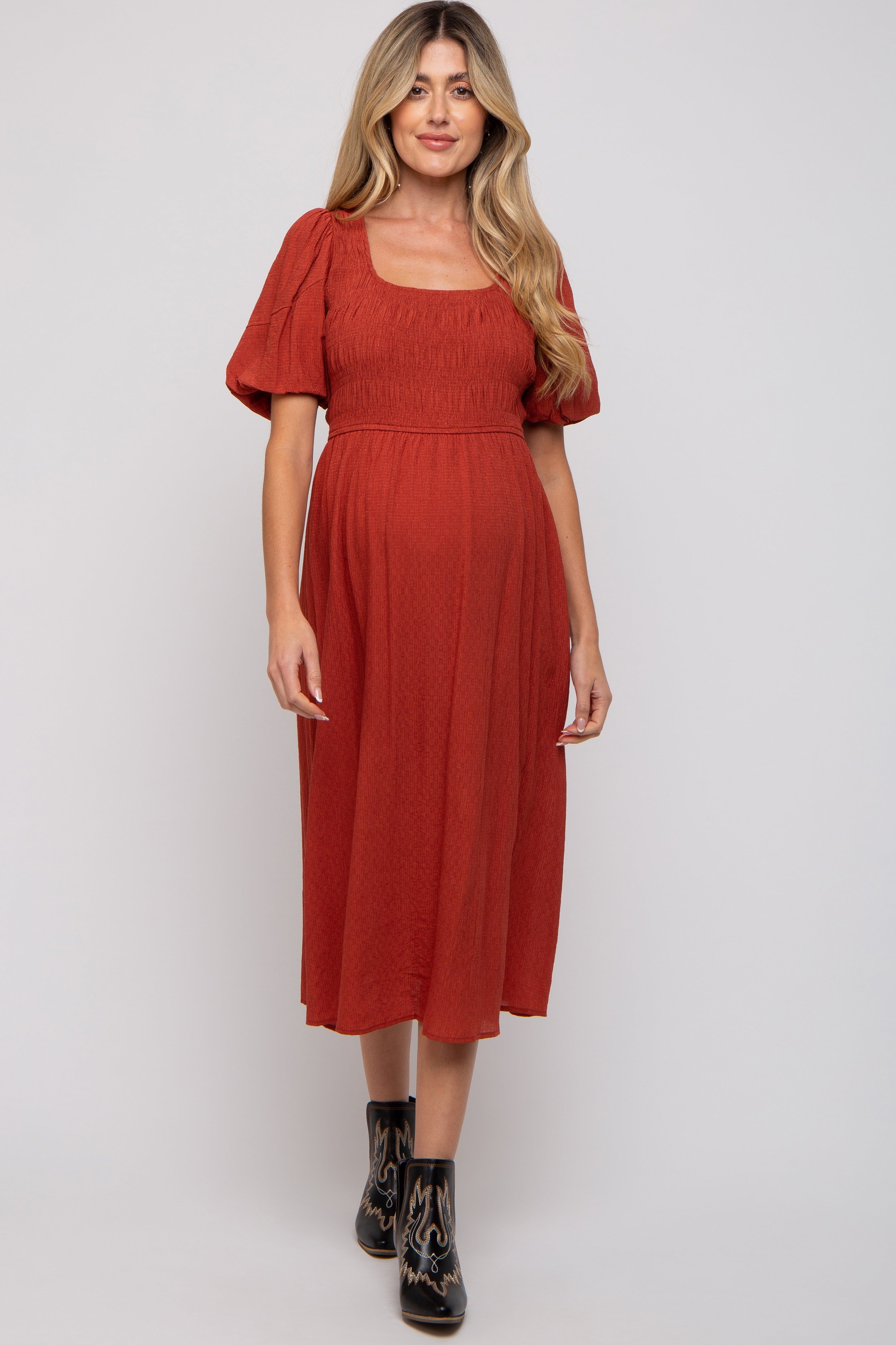 Rust Square Neck Maternity Midi Dress sold by Pinkblush product image thumbnail 4