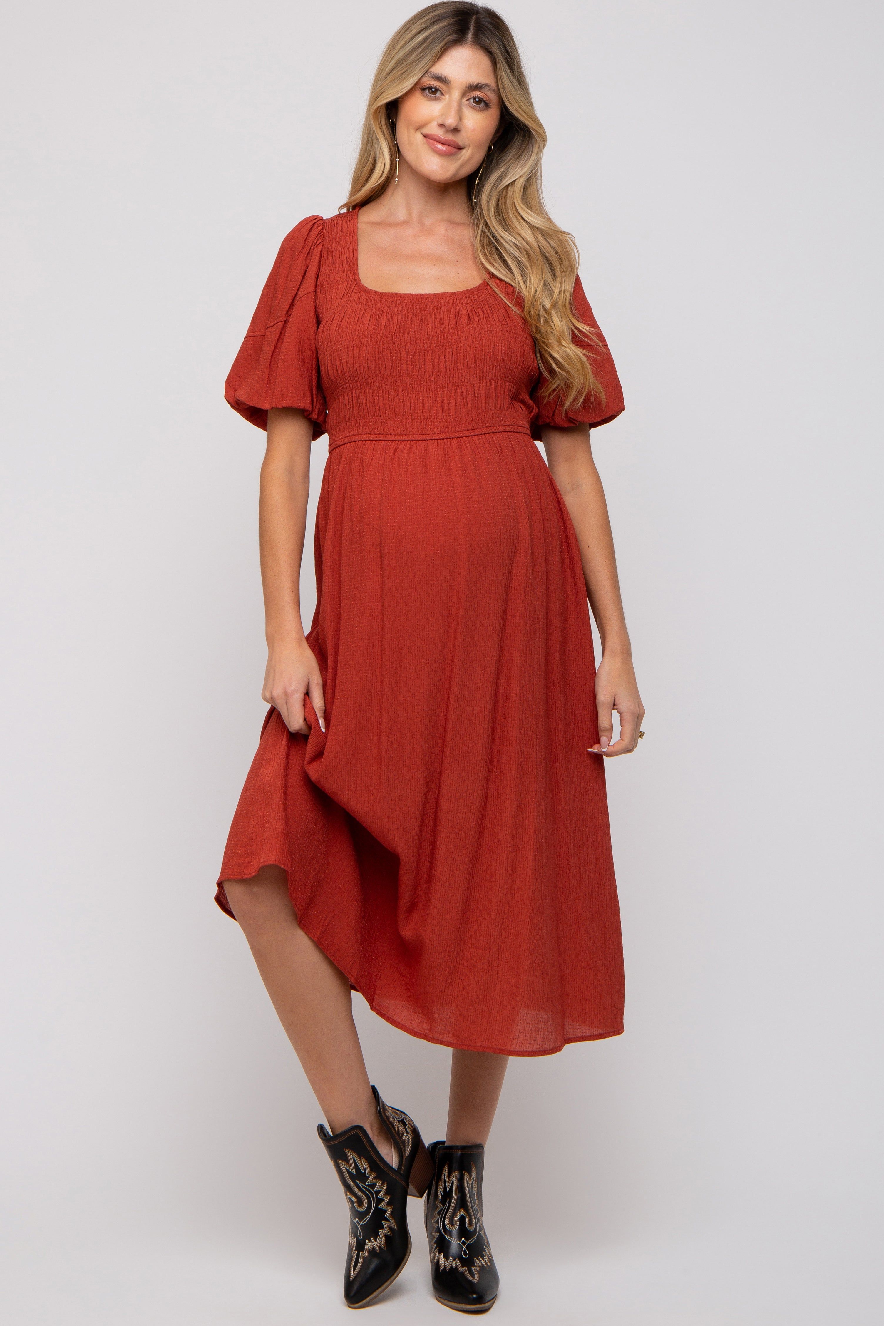 Rust Square Neck Maternity Midi Dress sold by Pinkblush