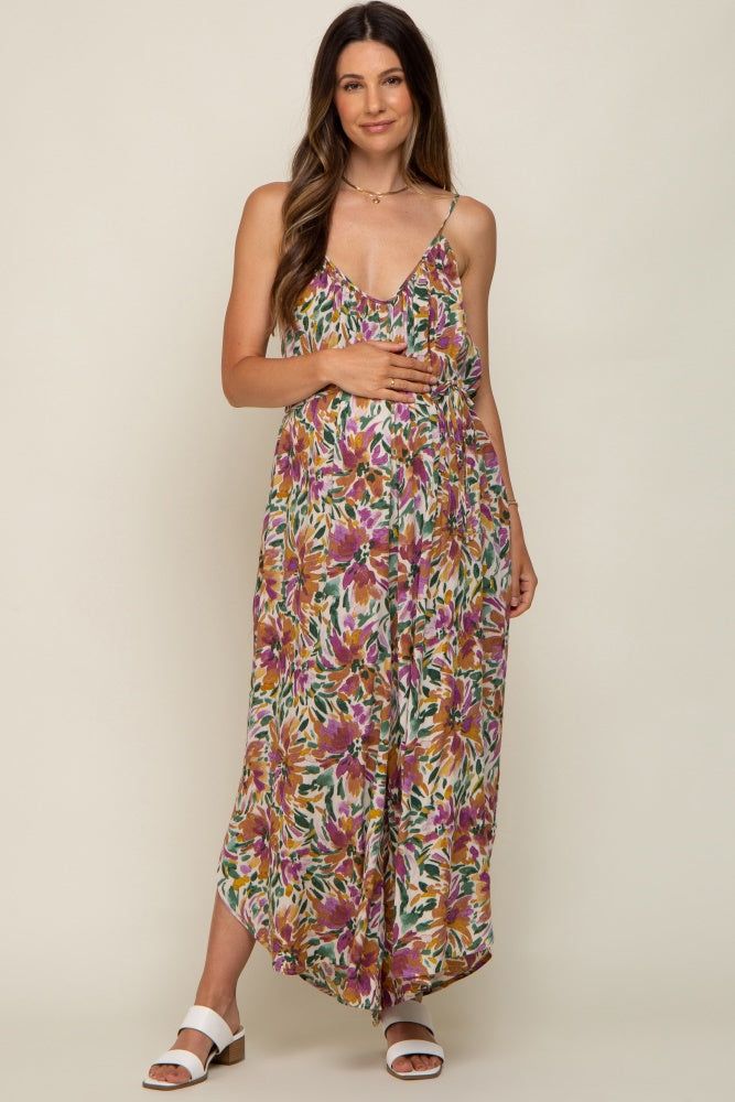 Violet Floral Sleeveless Maternity Jumpsuit sold by Pinkblush