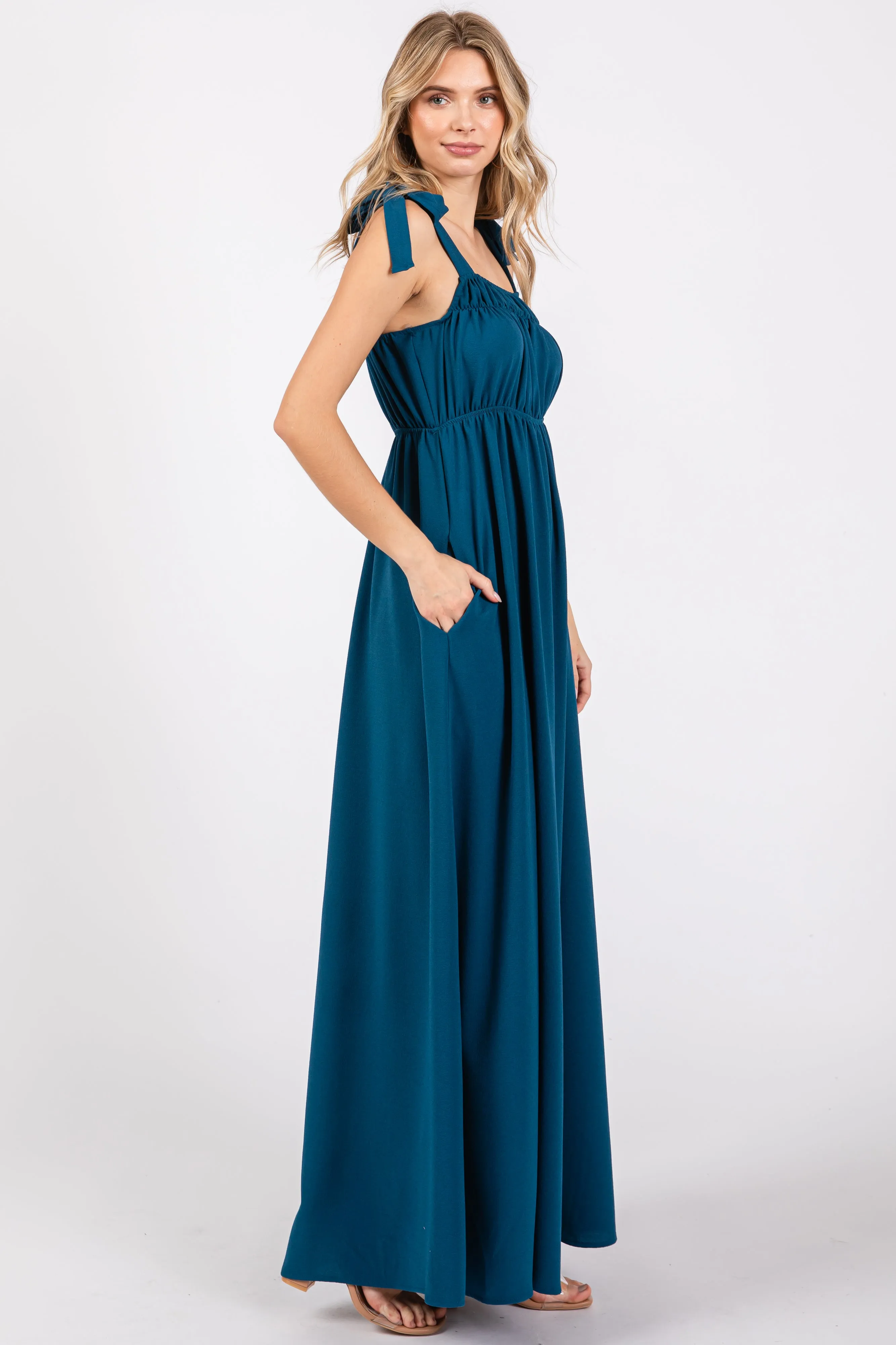 Teal Square Neck Shoulder Tie Maxi Dress sold by Pinkblush product image thumbnail 2