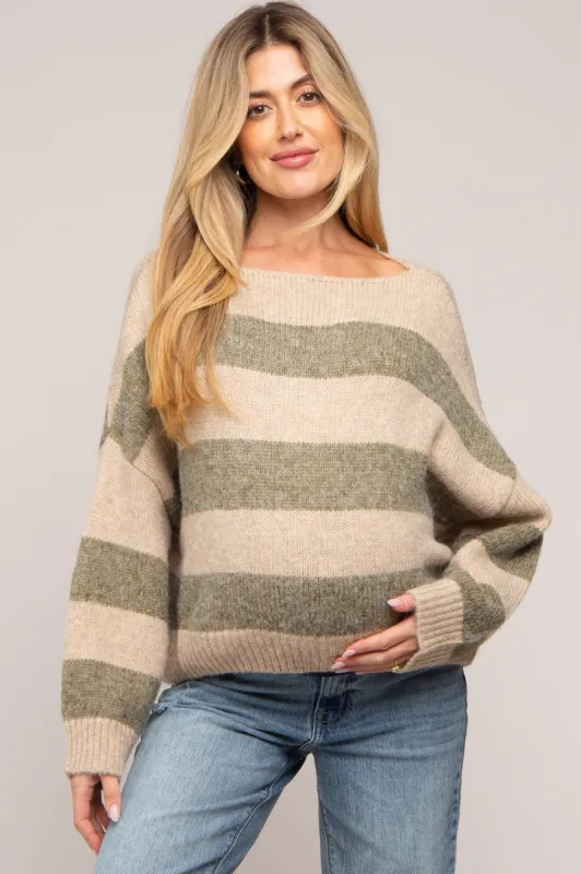Olive Striped Knit Cropped Maternity Sweater sold by Pinkblush