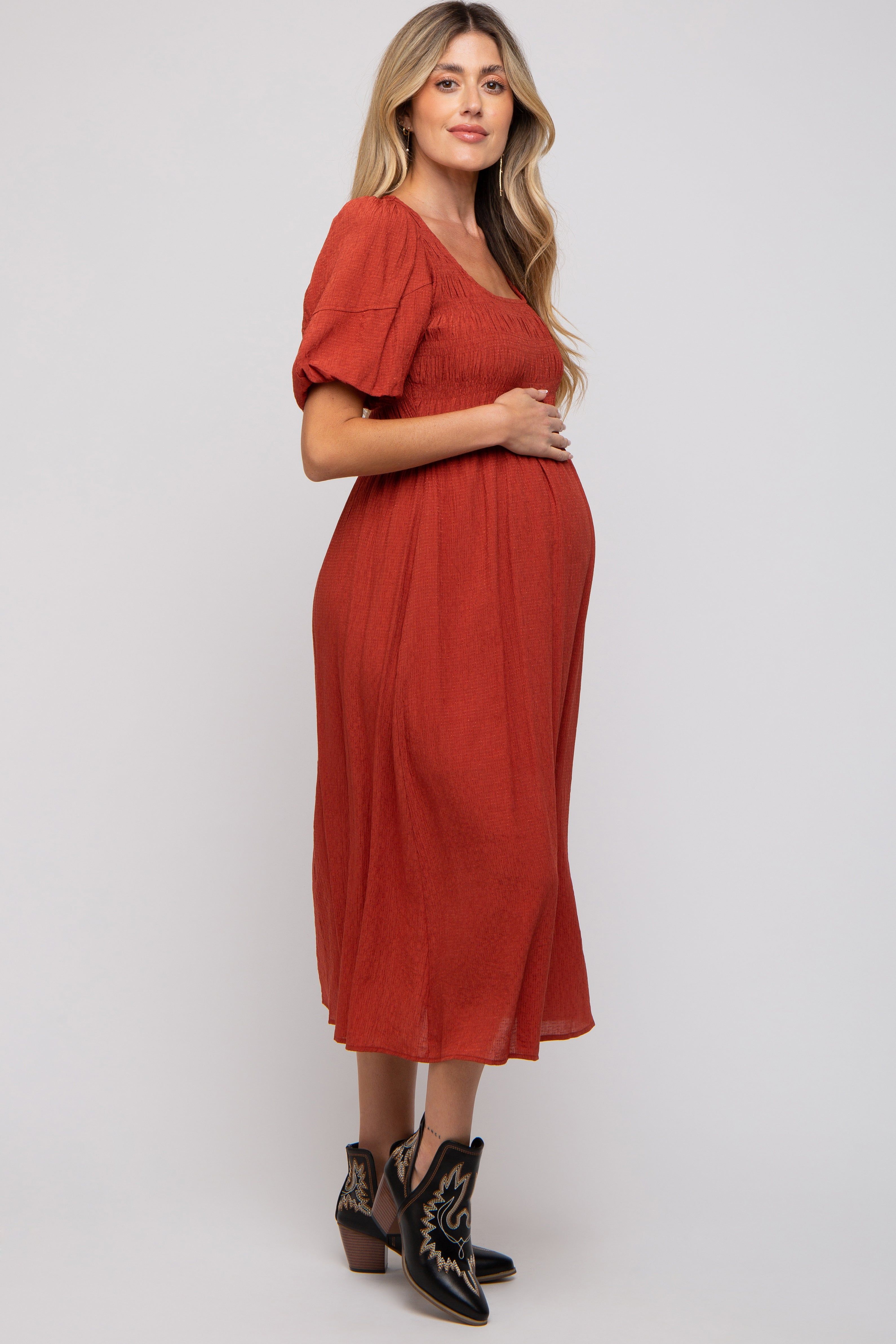 Rust Square Neck Maternity Midi Dress sold by Pinkblush product image thumbnail 2