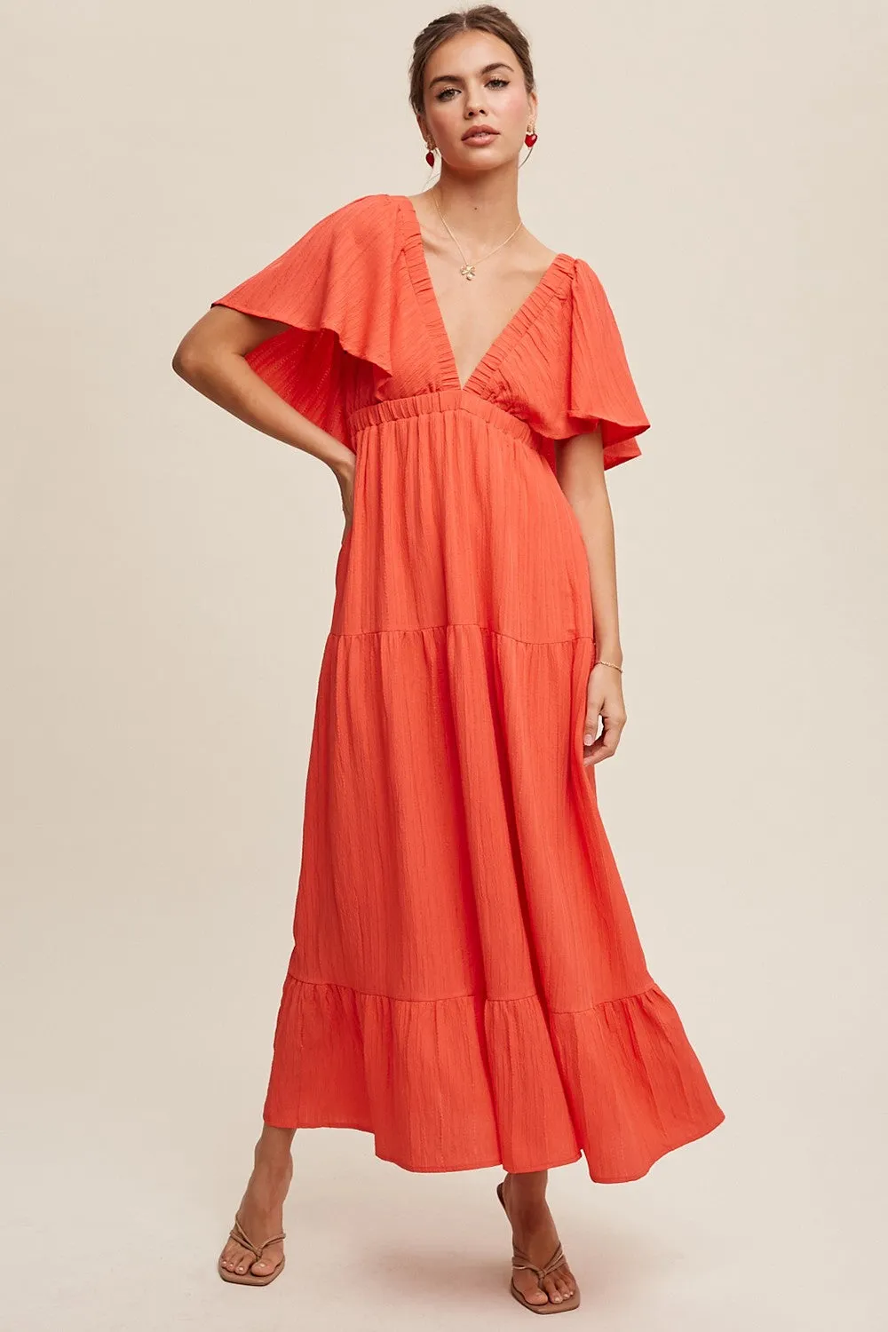 Coral Deep V-Neck Flutter Sleeve Tiered Maternity Midi Dress sold by Pinkblush product image thumbnail 5