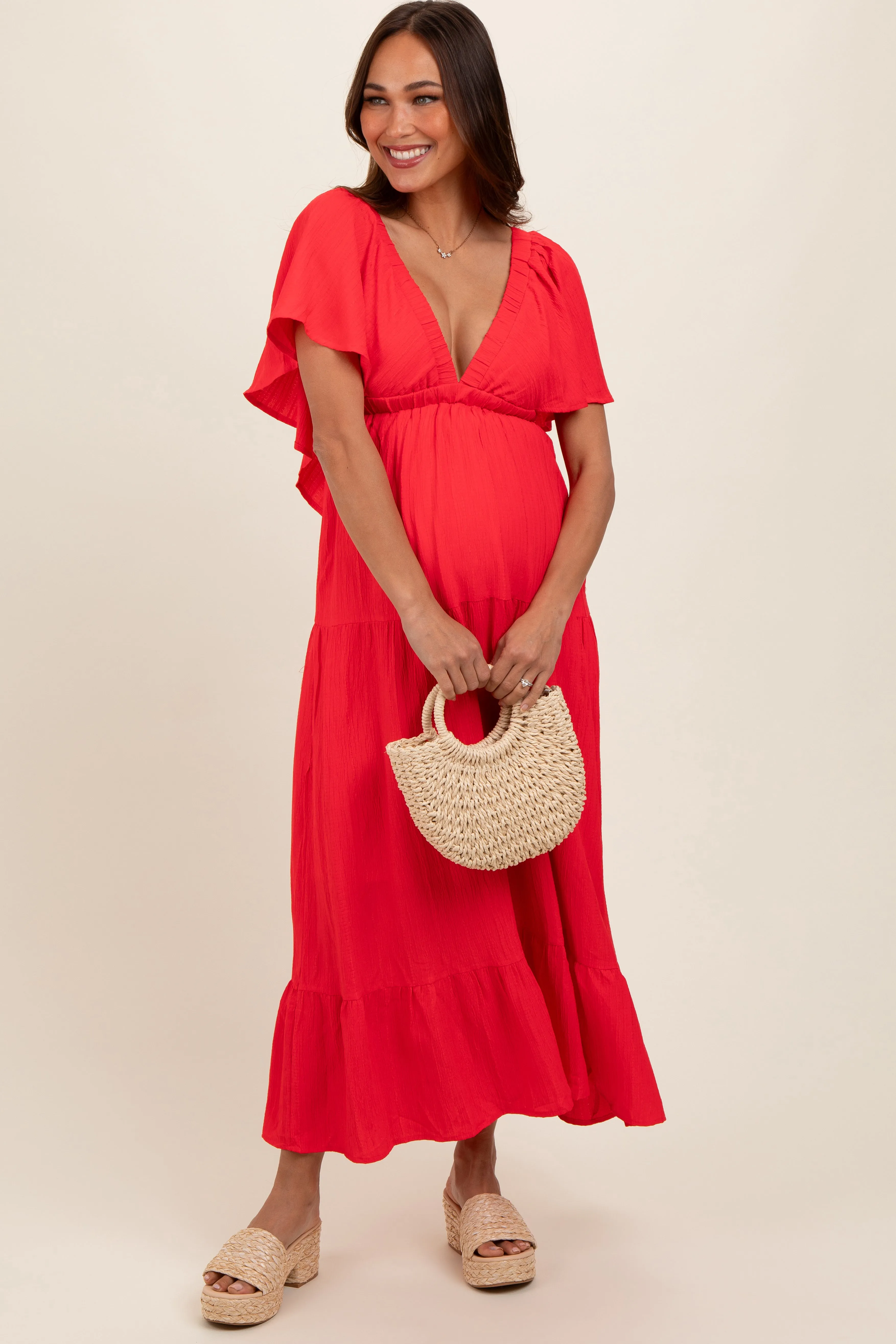 Coral Deep V-Neck Flutter Sleeve Tiered Maternity Midi Dress sold by Pinkblush product image thumbnail 2