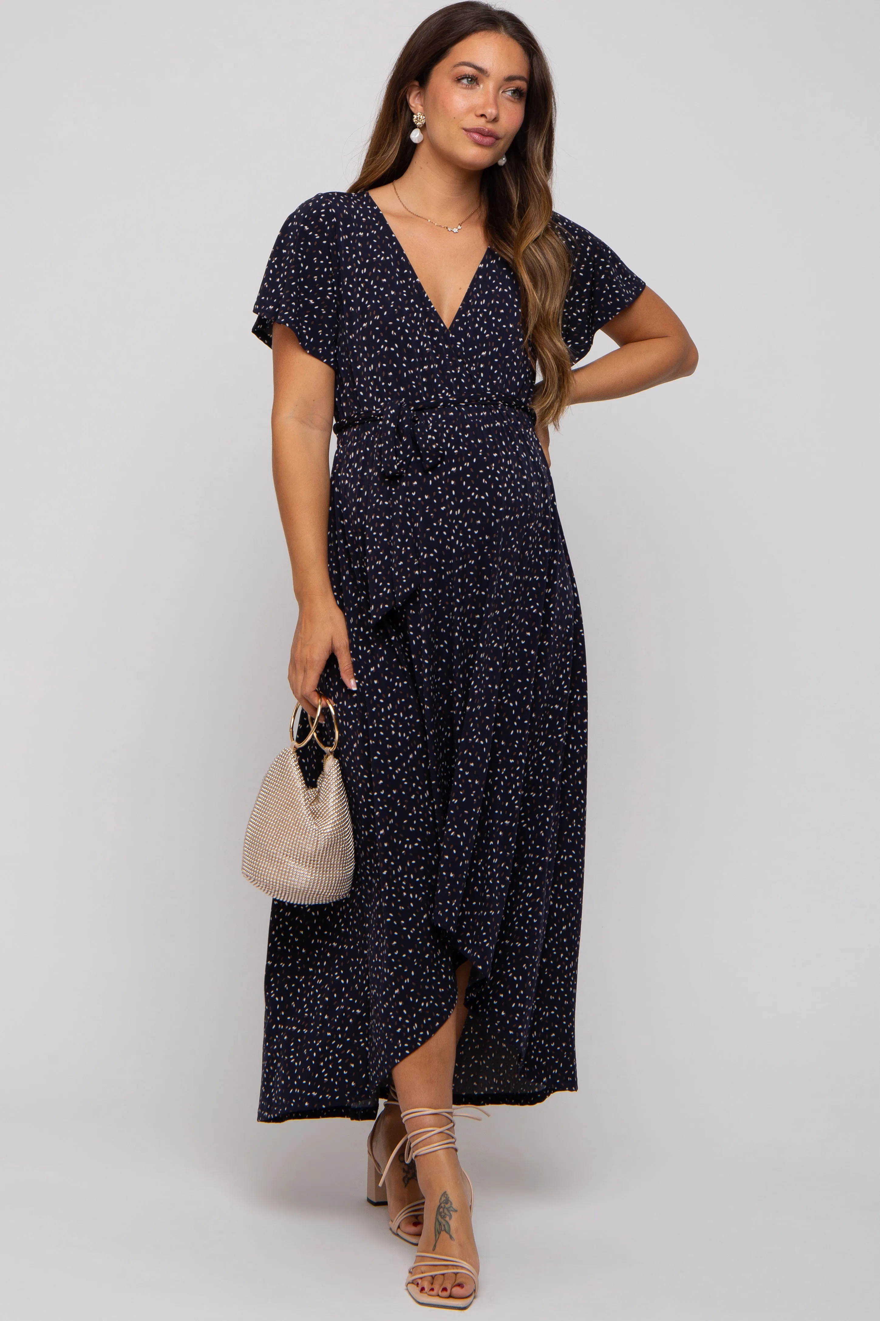 Navy Printed High-Low Hem Maternity Wrap Dress sold by Pinkblush product image thumbnail 5