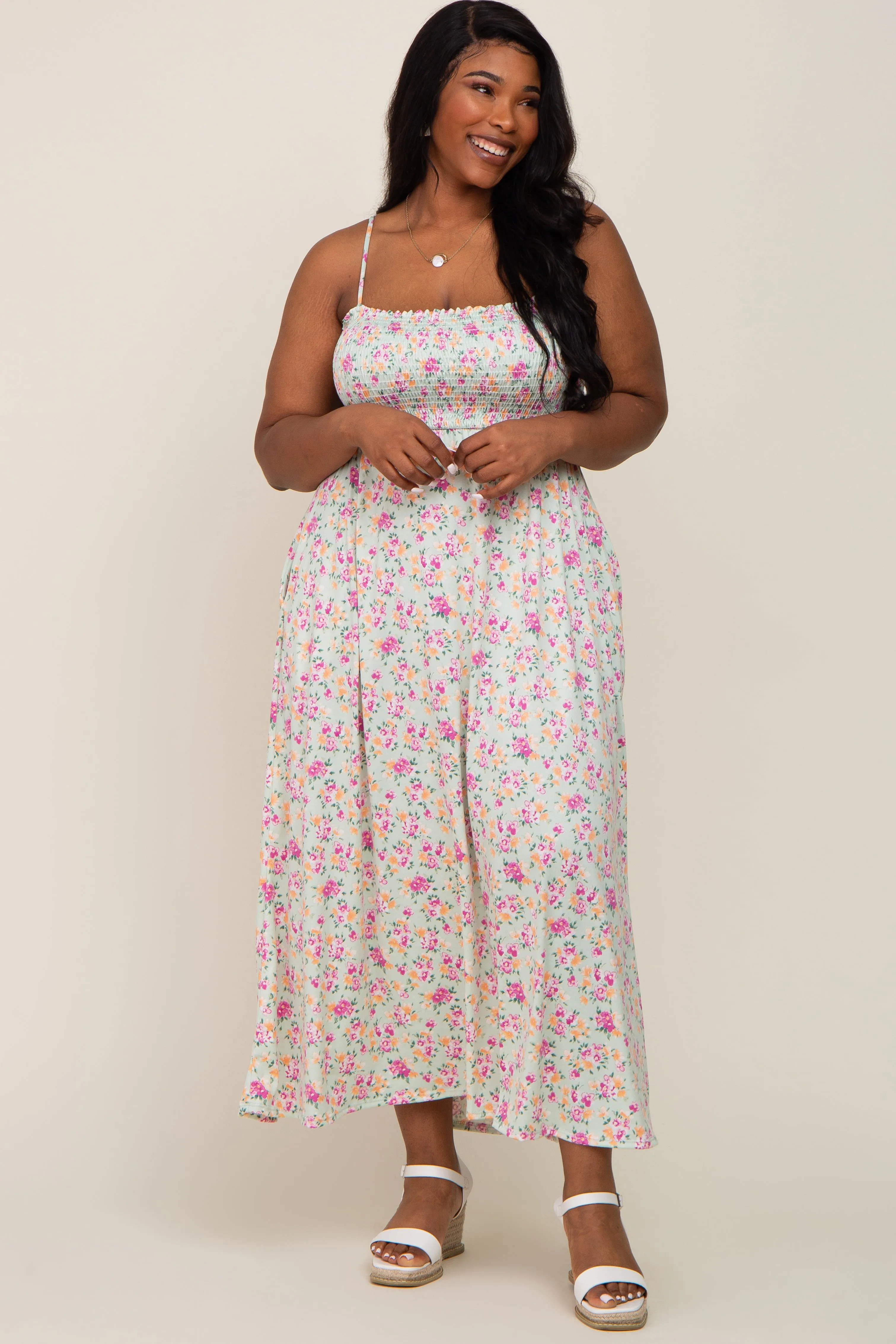 Light Olive Square Neck Smocked Plus Midi Dress sold by Pinkblush