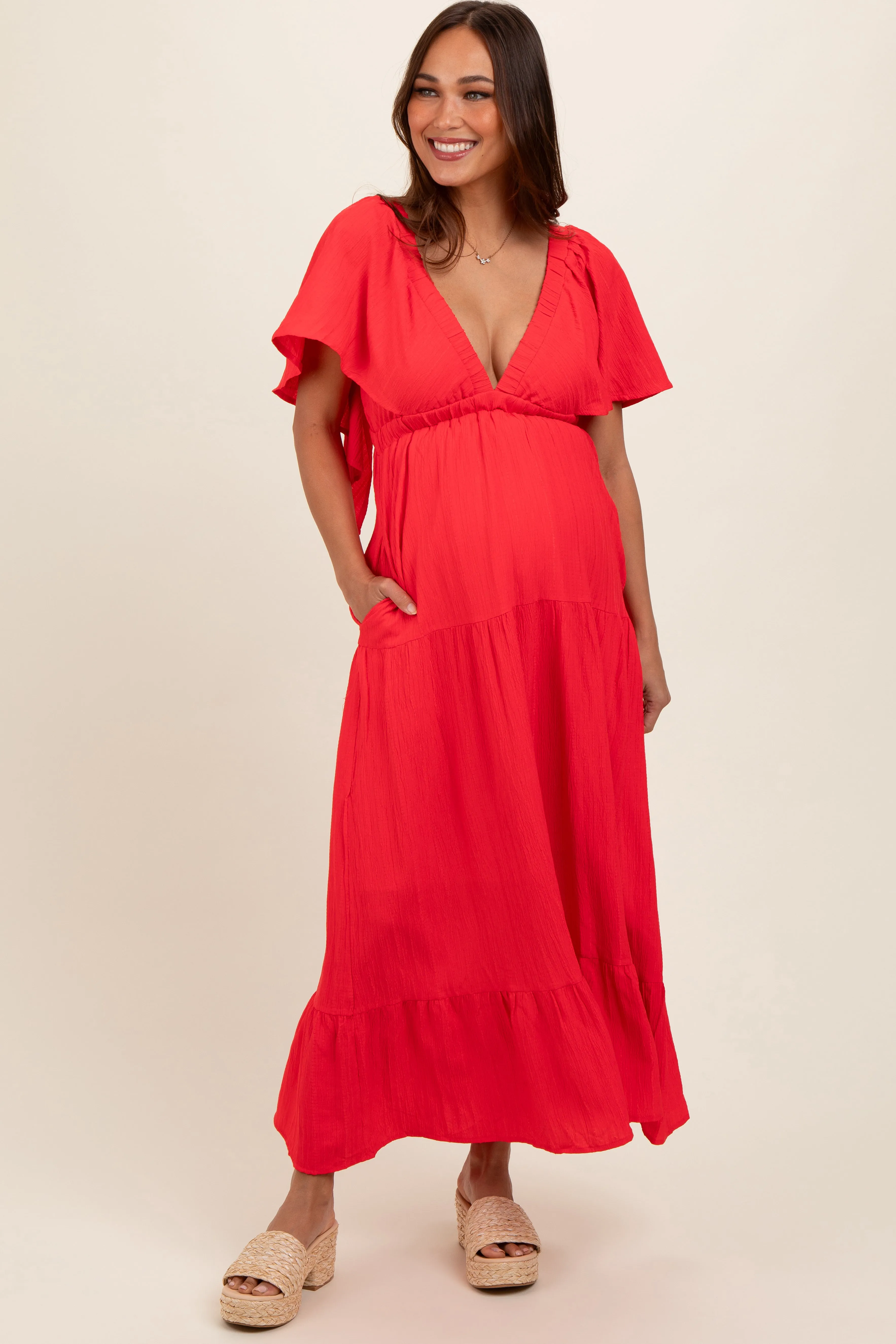 Coral Deep V-Neck Flutter Sleeve Tiered Maternity Midi Dress sold by Pinkblush product image thumbnail 3