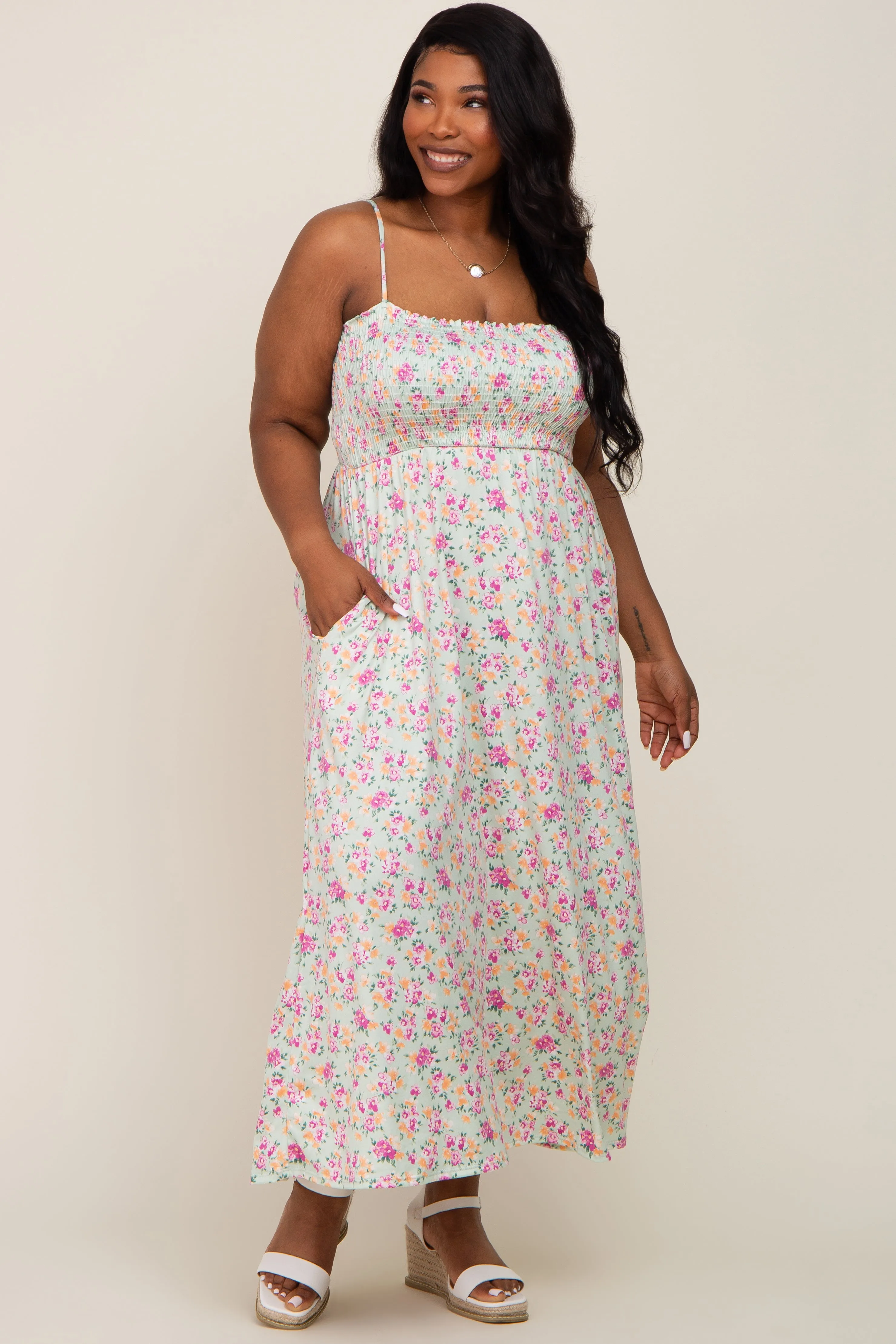 Light Olive Square Neck Smocked Plus Midi Dress sold by Pinkblush product image thumbnail 5