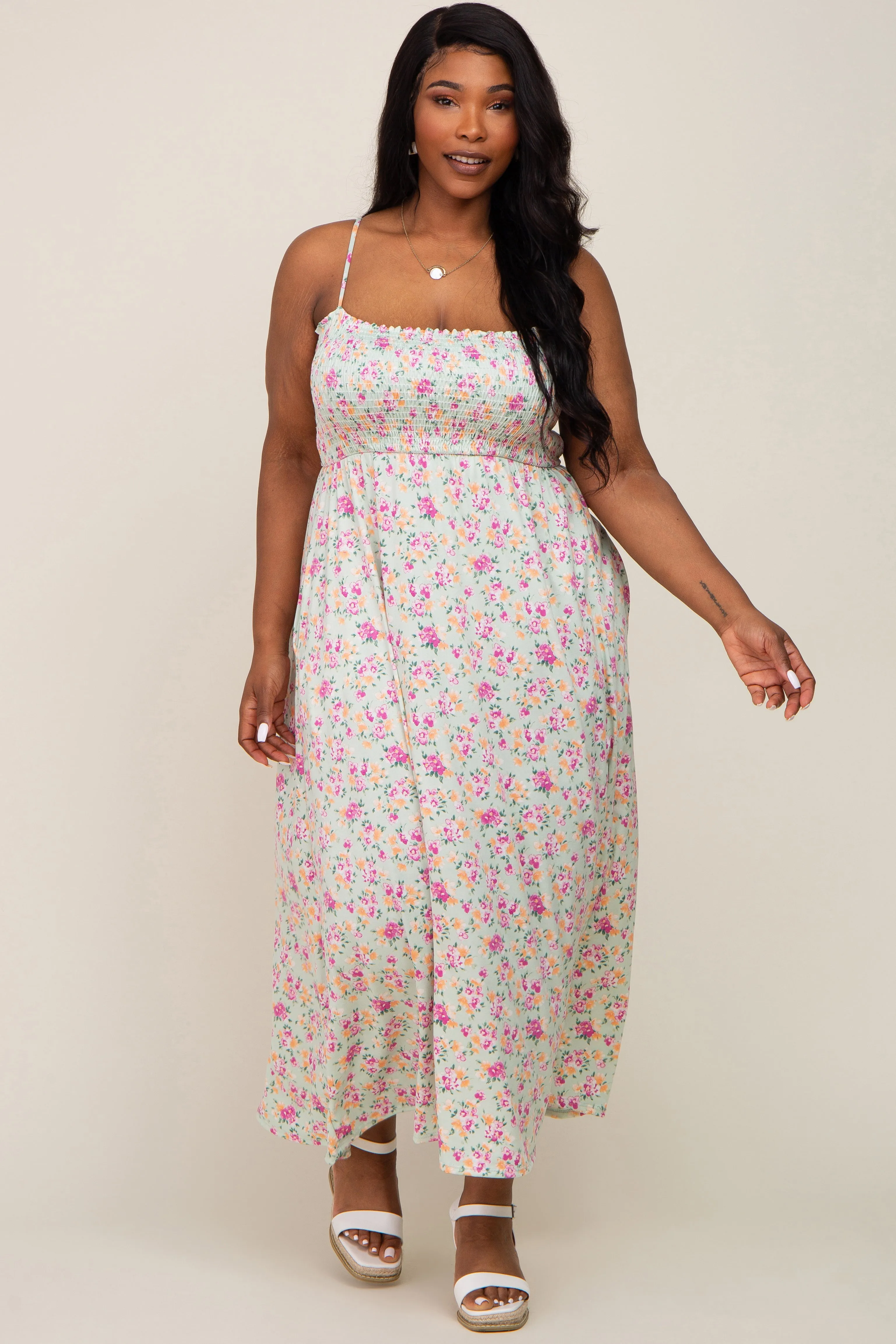 Light Olive Square Neck Smocked Plus Midi Dress sold by Pinkblush product image thumbnail 2