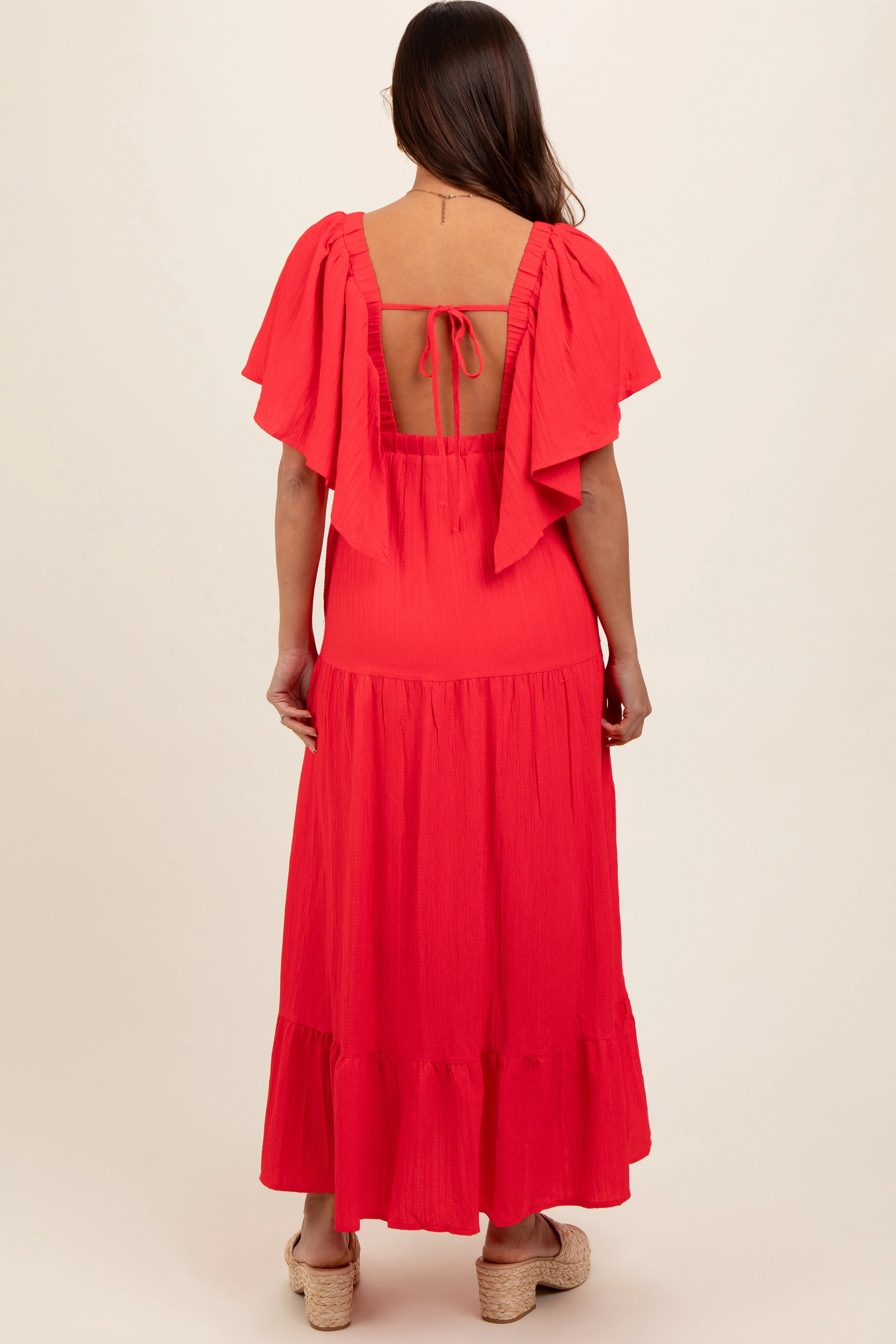 Coral Deep V-Neck Flutter Sleeve Tiered Maternity Midi Dress sold by Pinkblush product image thumbnail 4