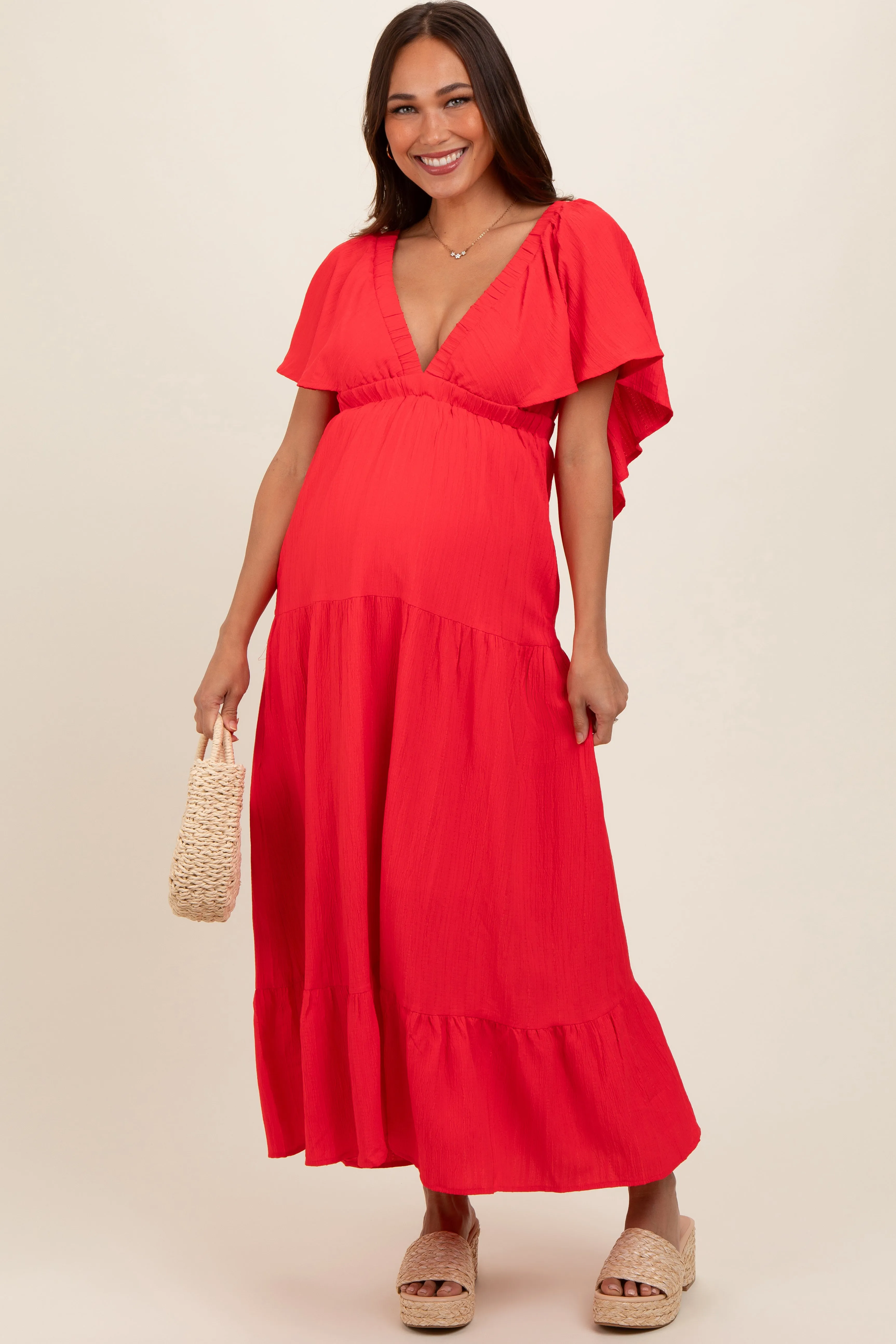 Coral Deep V-Neck Flutter Sleeve Tiered Maternity Midi Dress sold by Pinkblush