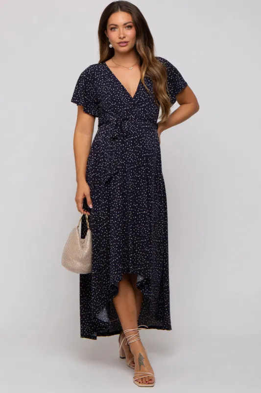 Navy Printed High-Low Hem Maternity Wrap Dress sold by Pinkblush