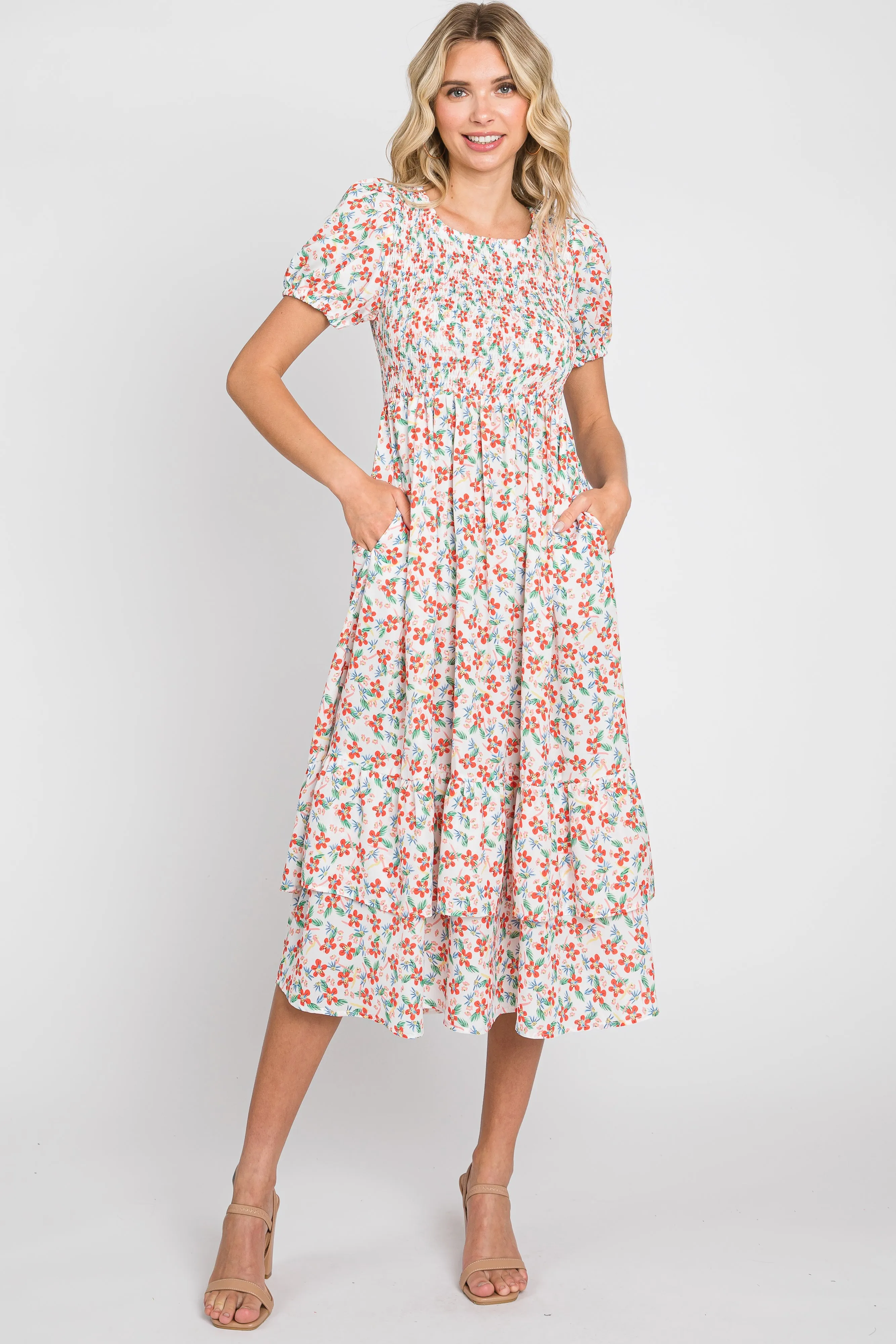 White Floral Smocked Layered Midi Dress sold by Pinkblush
