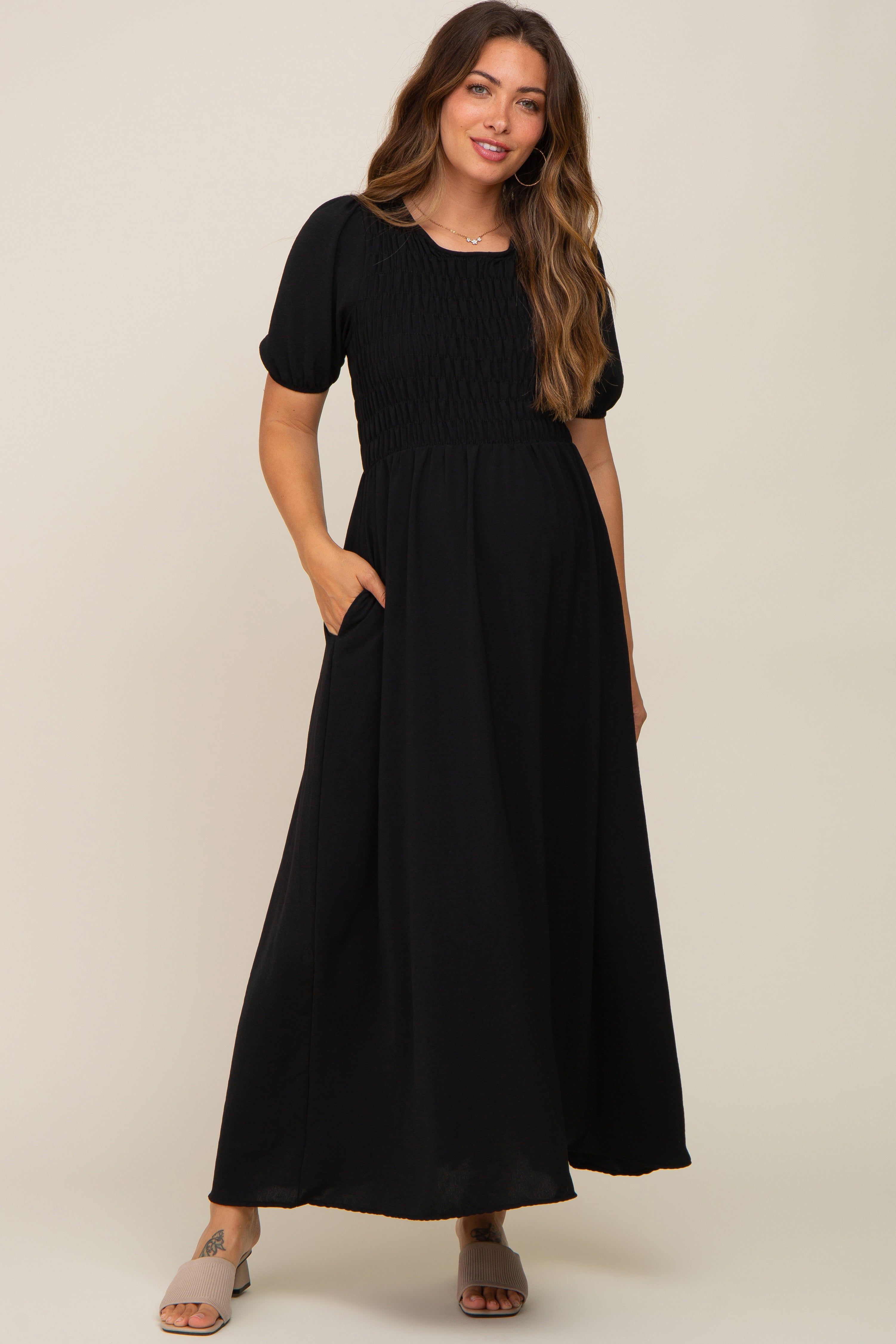 Black Smocked Maternity Maxi Dress sold by Pinkblush product image thumbnail 4
