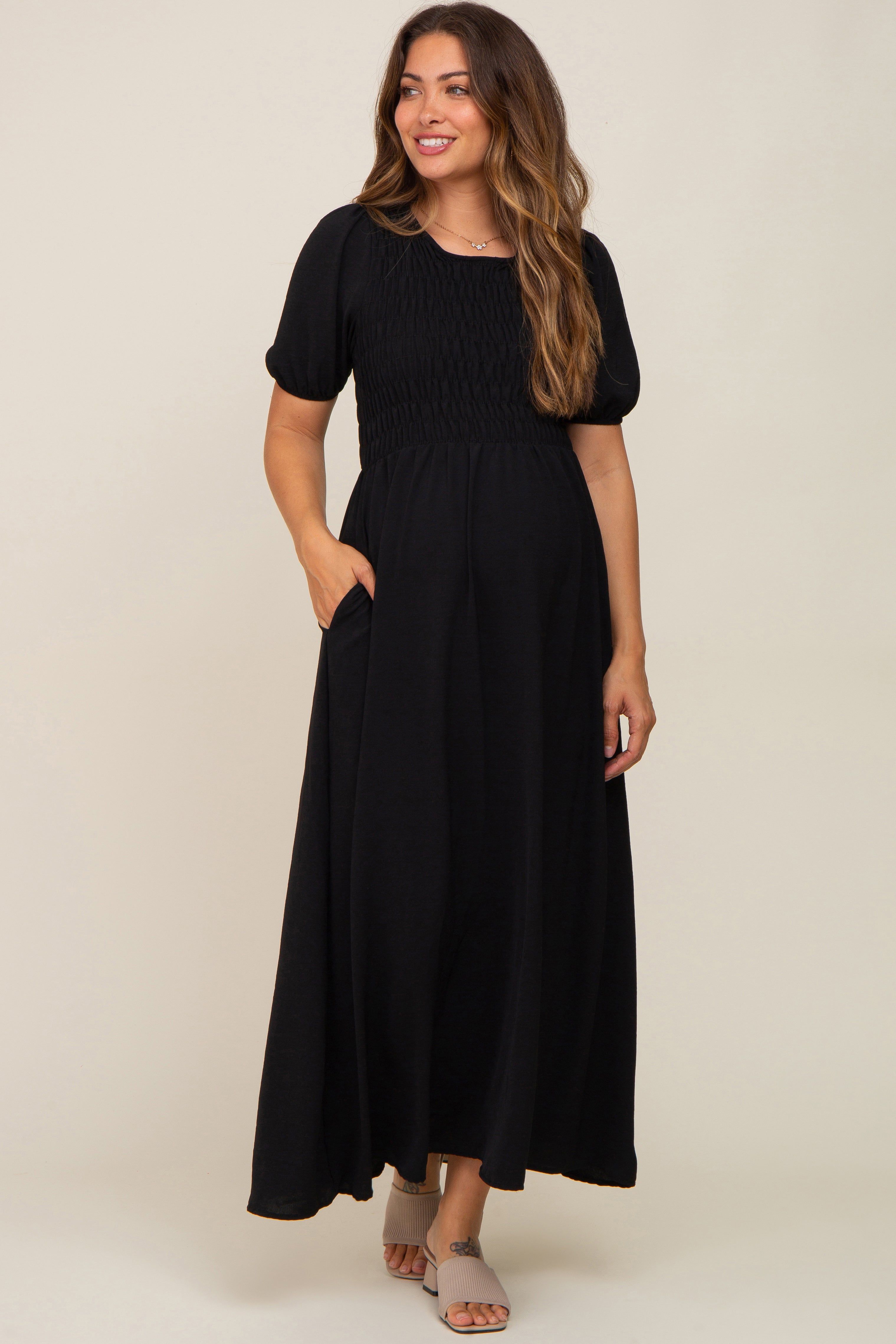 Black Smocked Maternity Maxi Dress sold by Pinkblush