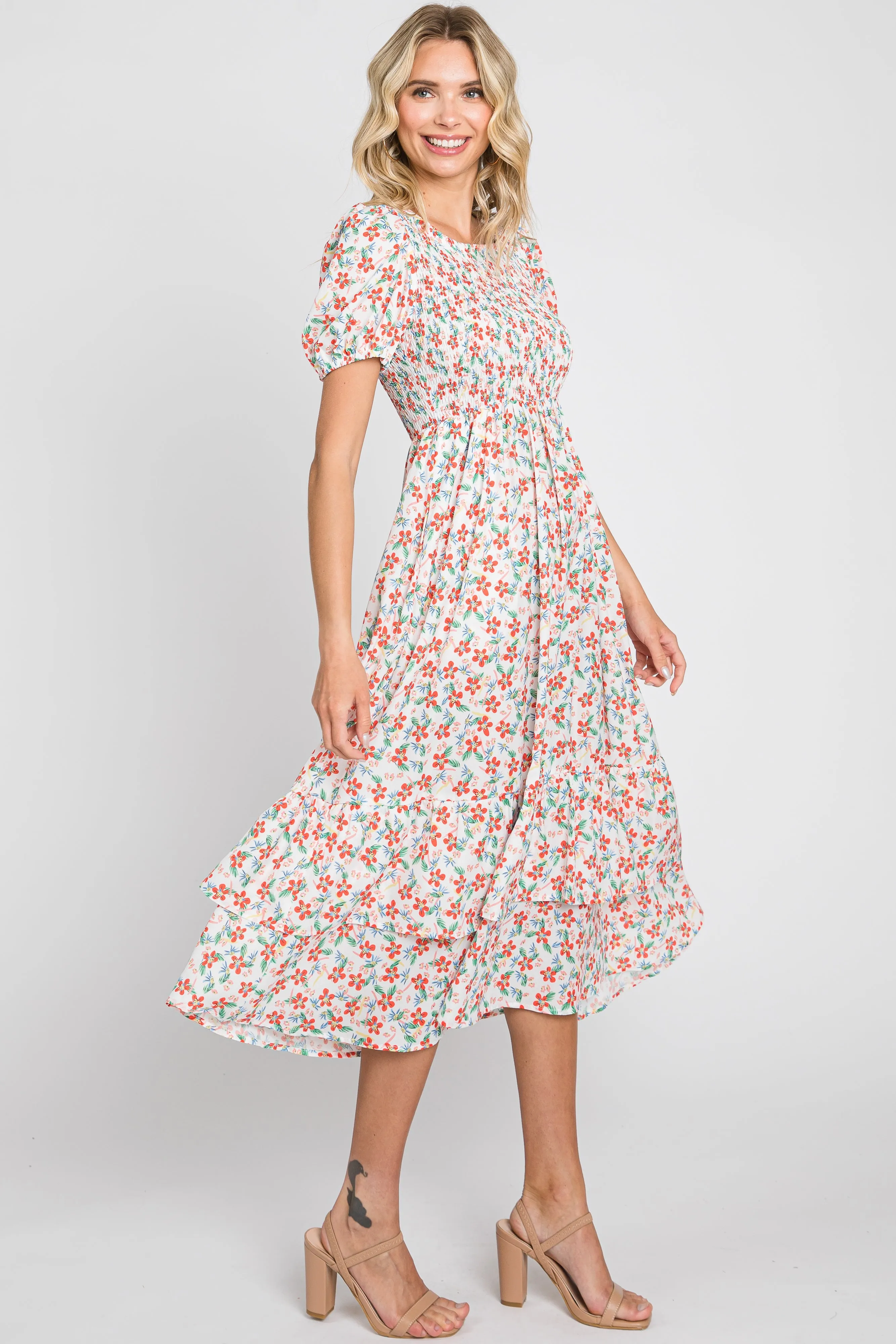 White Floral Smocked Layered Midi Dress sold by Pinkblush product image thumbnail 2