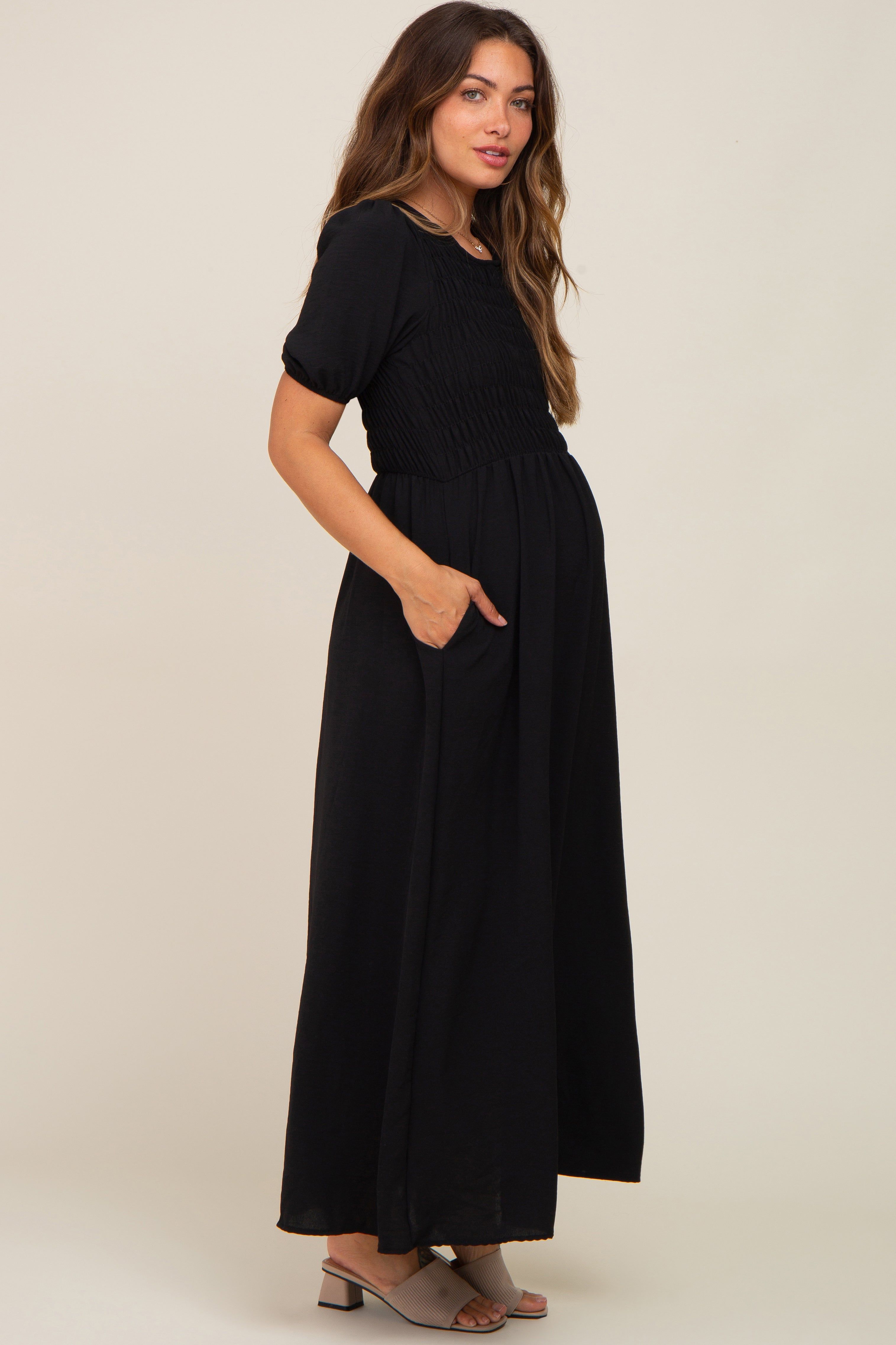 Black Smocked Maternity Maxi Dress sold by Pinkblush product image thumbnail 2