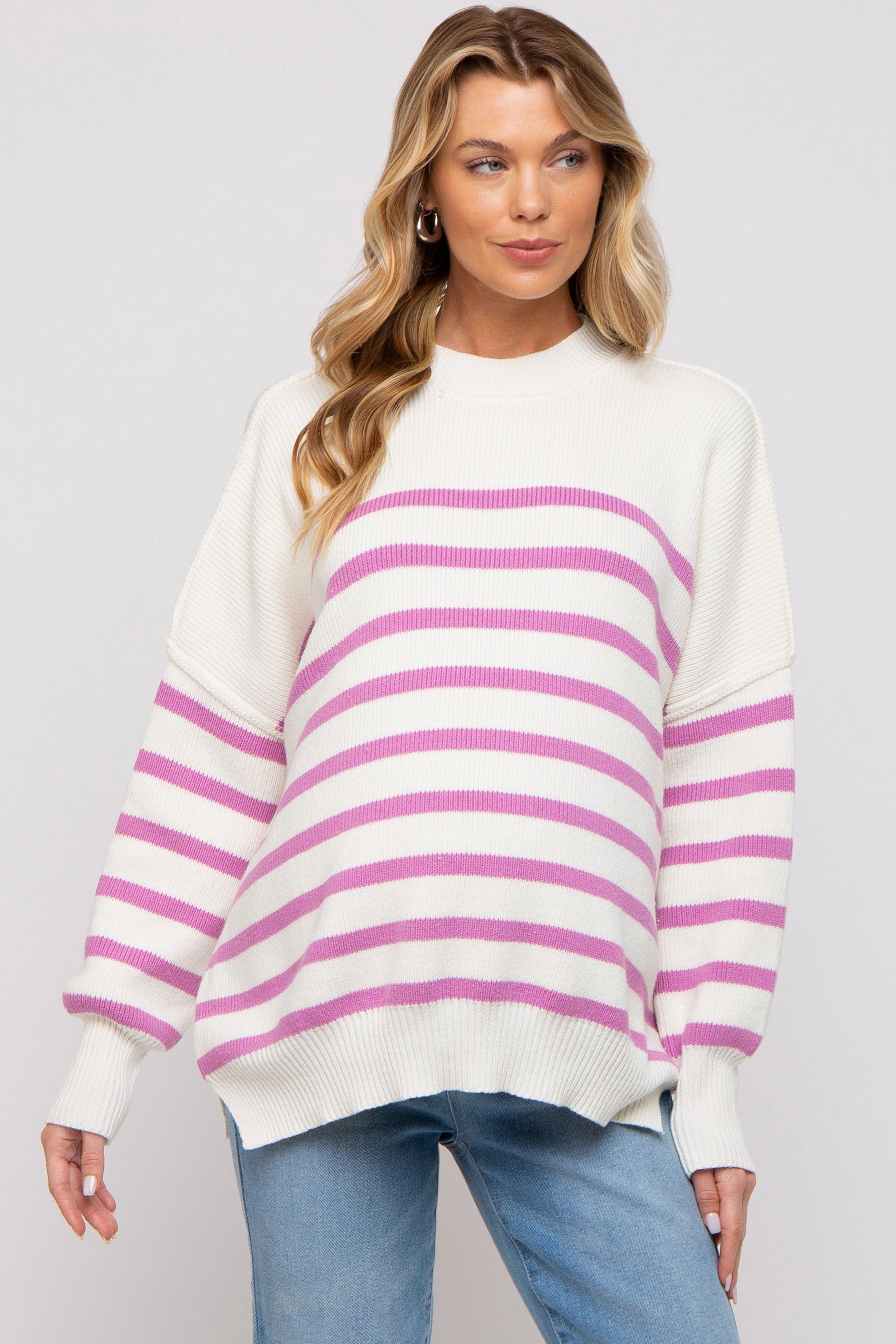 Pink Striped Drop Shoulder Maternity Sweater sold by Pinkblush