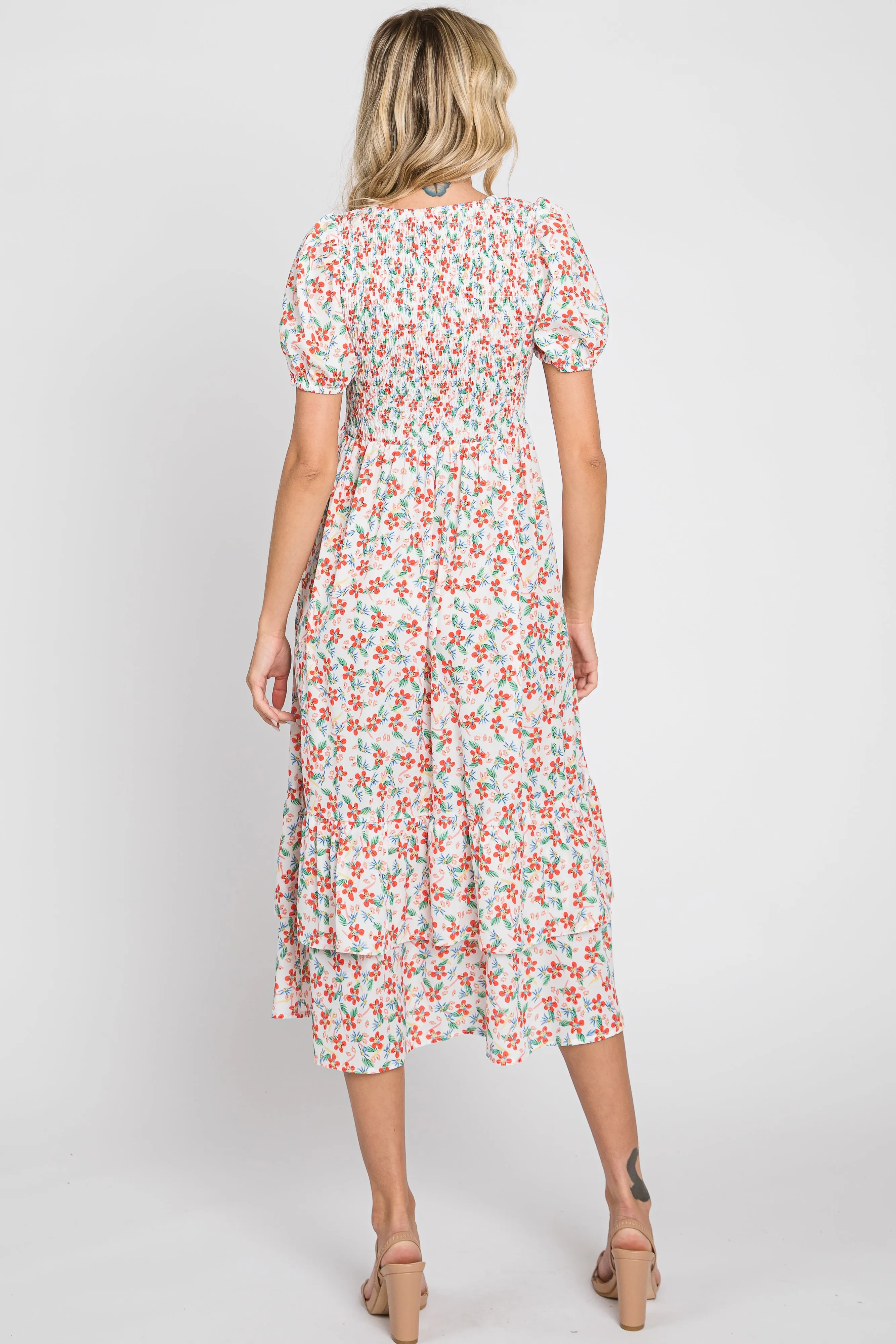 White Floral Smocked Layered Midi Dress sold by Pinkblush product image thumbnail 3