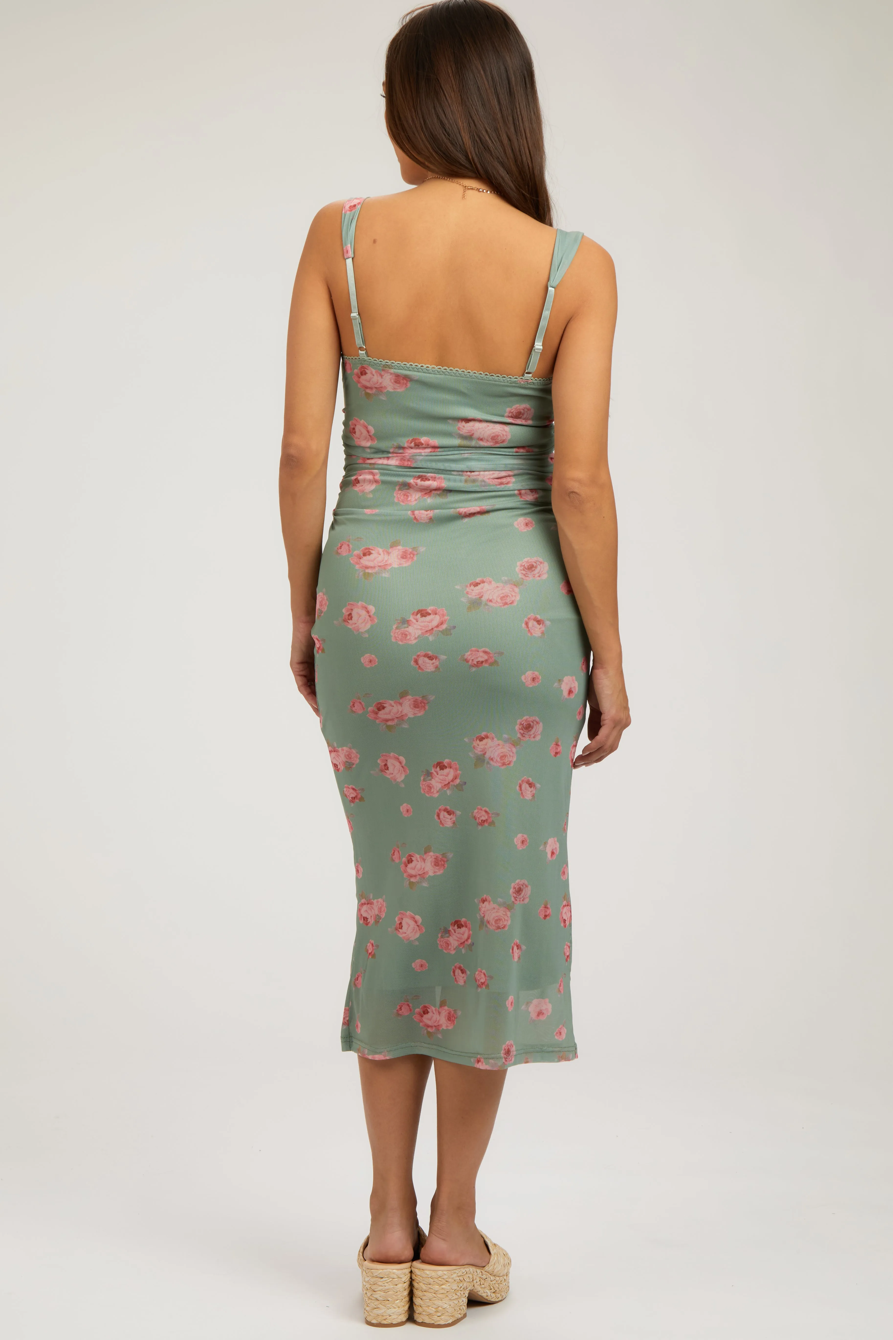 Light Olive Floral Mesh Ruched Sleeveless Maternity Midi Dress sold by Pinkblush product image thumbnail 3