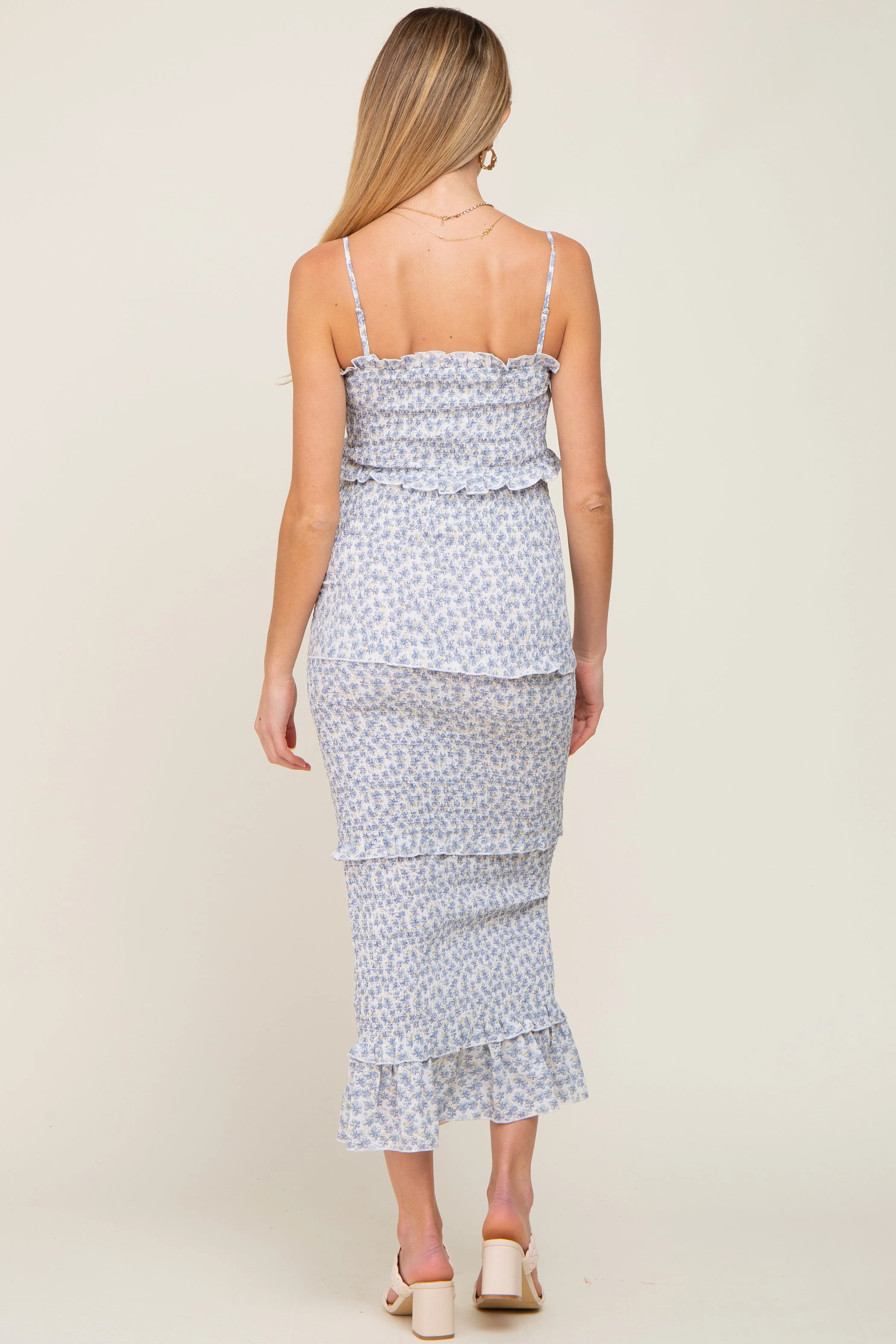 Blue Floral Chiffon Smocked Tiered Square Neck Maternity Midi Dress sold by Pinkblush product image thumbnail 3