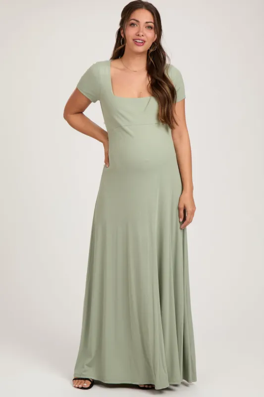Light Olive Ribbed Square Neck Short Sleeve Maternity Maxi Dress sold by Pinkblush