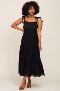 Black Shoulder Tie Eyelet Maternity Maxi Dress sold by Pinkblush