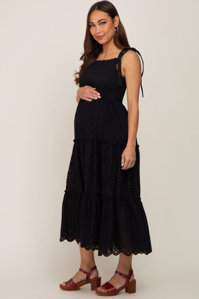 Black Shoulder Tie Eyelet Maternity Maxi Dress sold by Pinkblush product image thumbnail 2