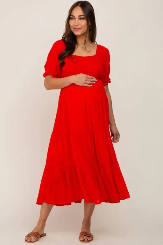 Red Swiss Dot Puff Sleeve Smocked Maternity Midi Dress sold by Pinkblush