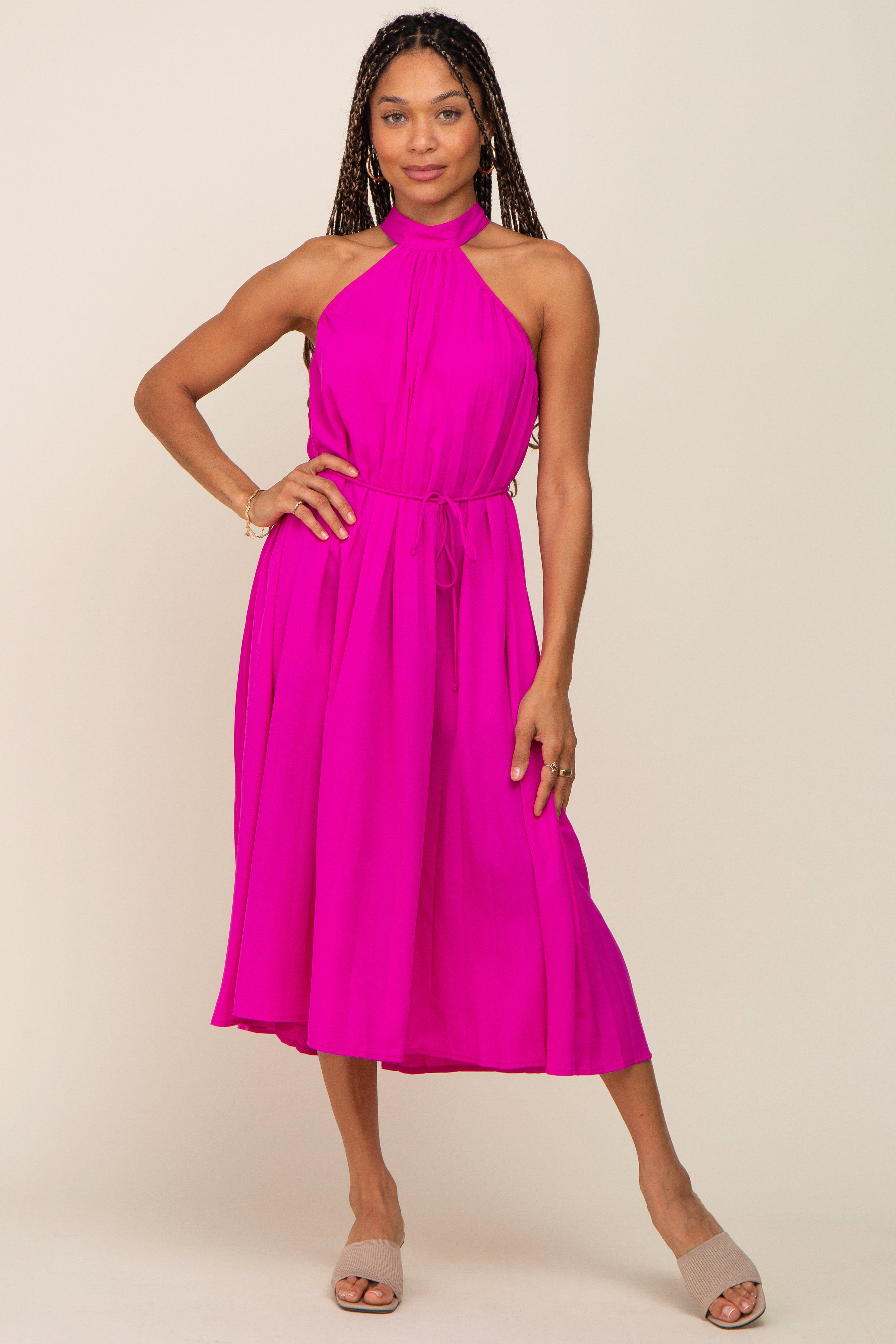 Magenta Pleated Halter Midi Dress sold by Pinkblush product image thumbnail 4
