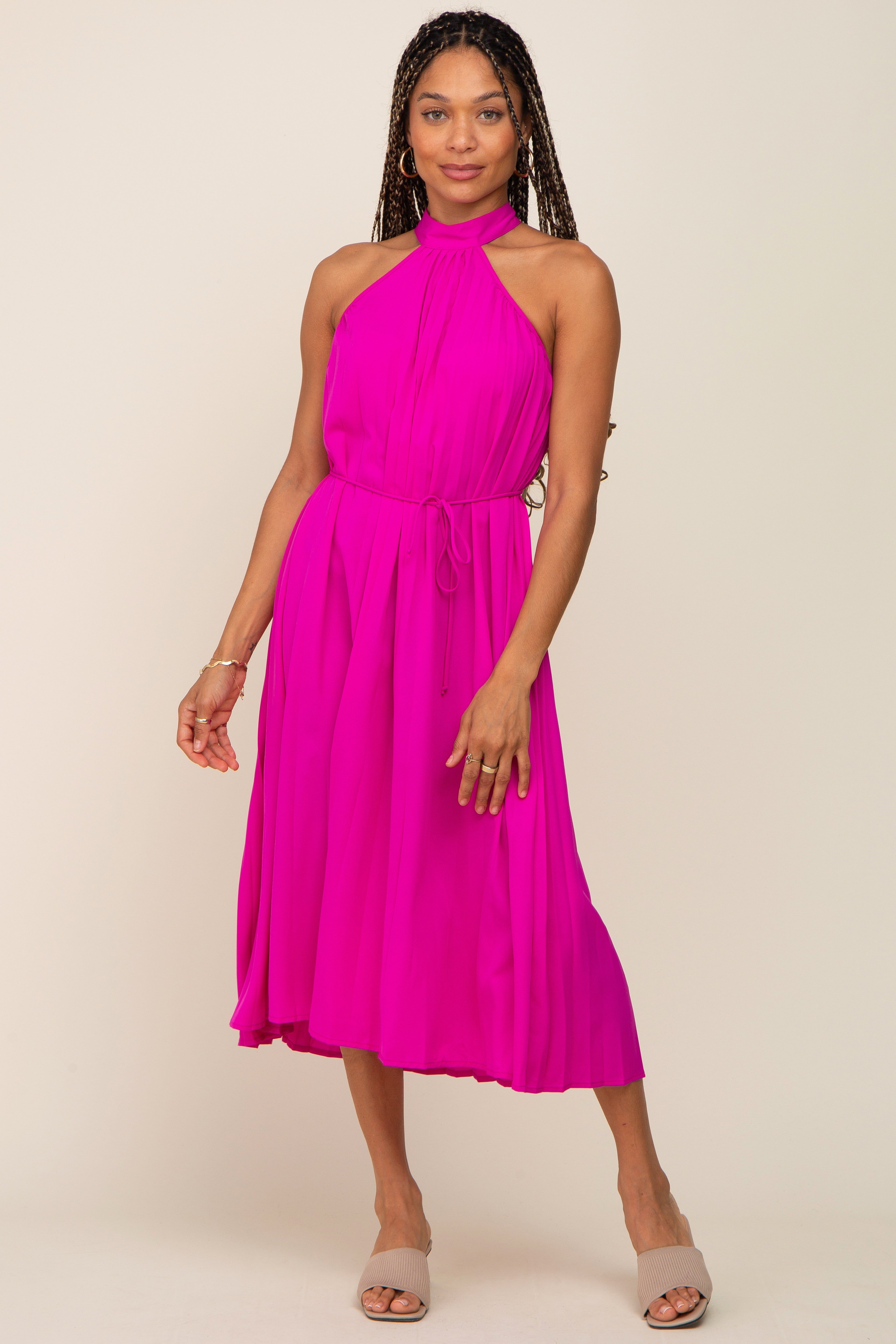 Magenta Pleated Halter Midi Dress sold by Pinkblush