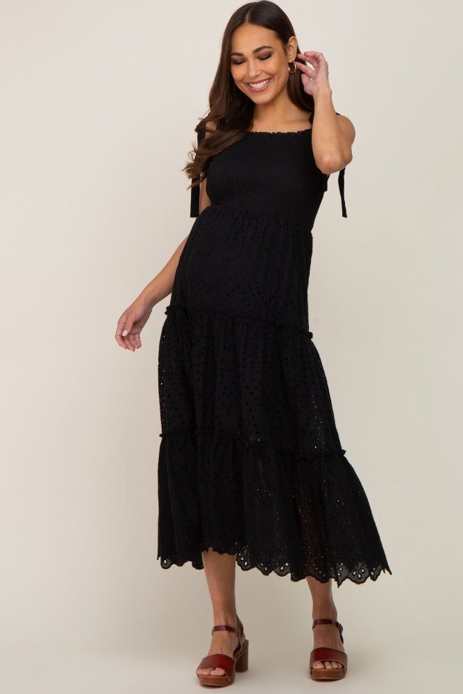 Black Shoulder Tie Eyelet Maternity Maxi Dress sold by Pinkblush product image thumbnail 4