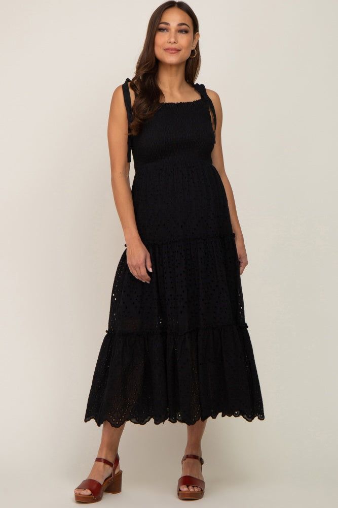 Black Shoulder Tie Eyelet Maternity Maxi Dress sold by Pinkblush