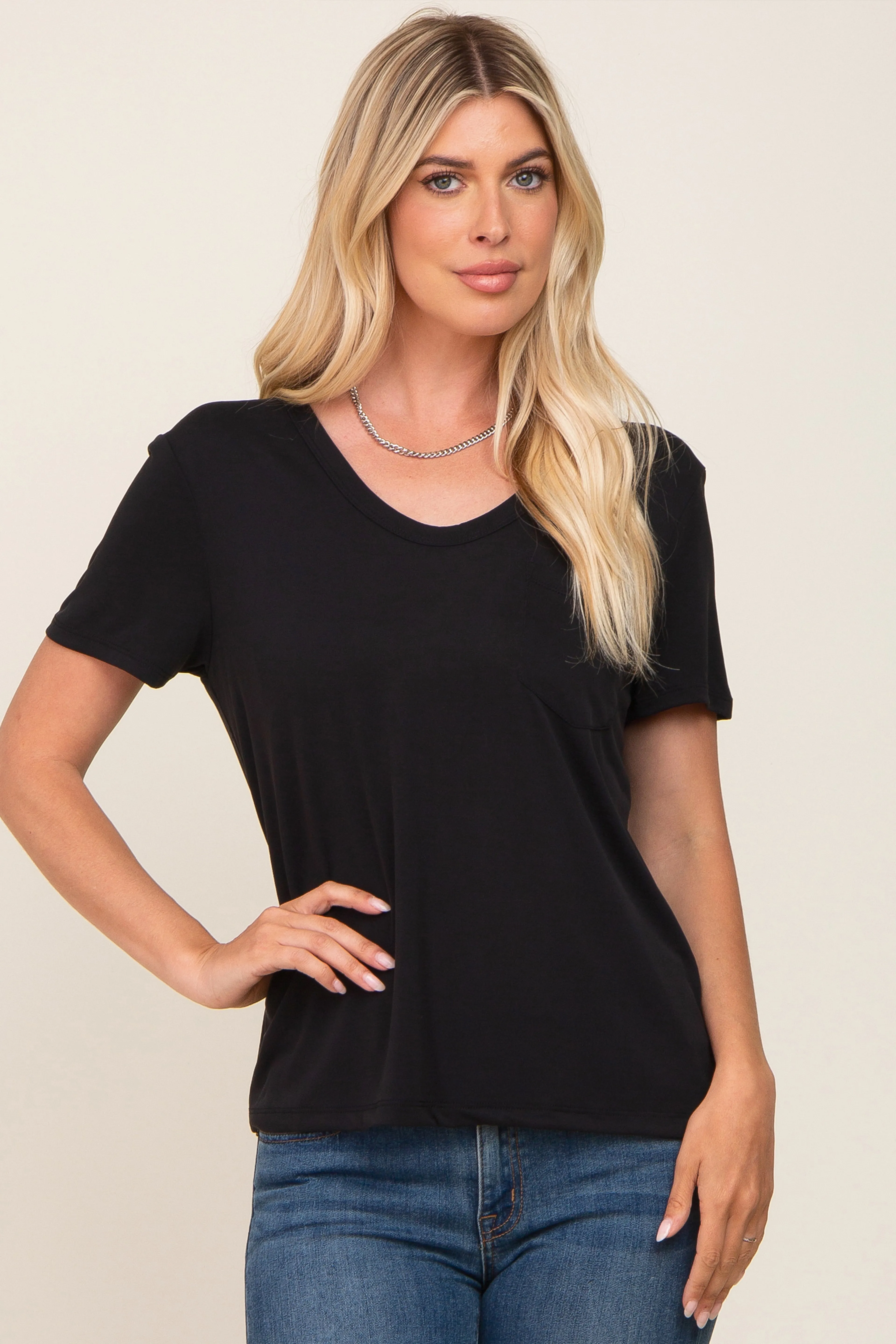 Black V-Neck Front Pocket Short Sleeve Top sold by Pinkblush