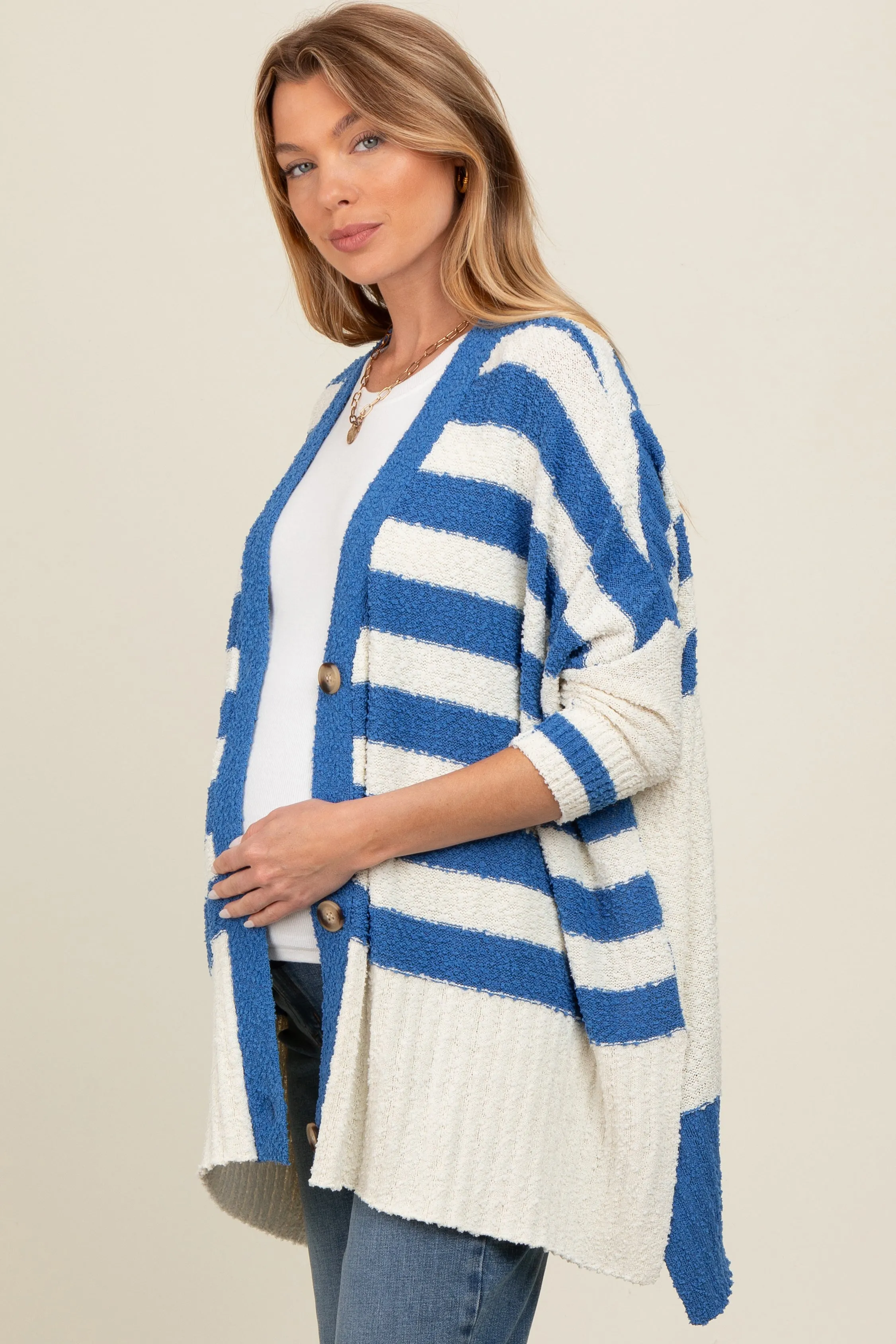 Blue Textured Knit Striped Oversized Maternity Cardigan sold by Pinkblush