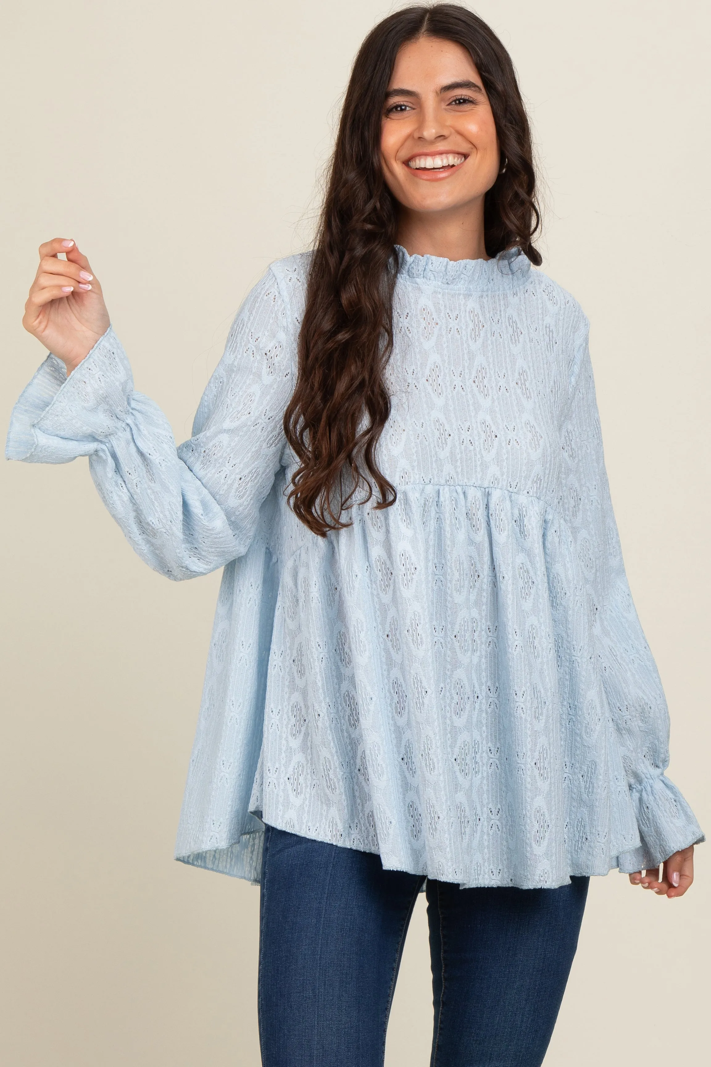 Light Blue Lace Ruffled Neck Top sold by Pinkblush