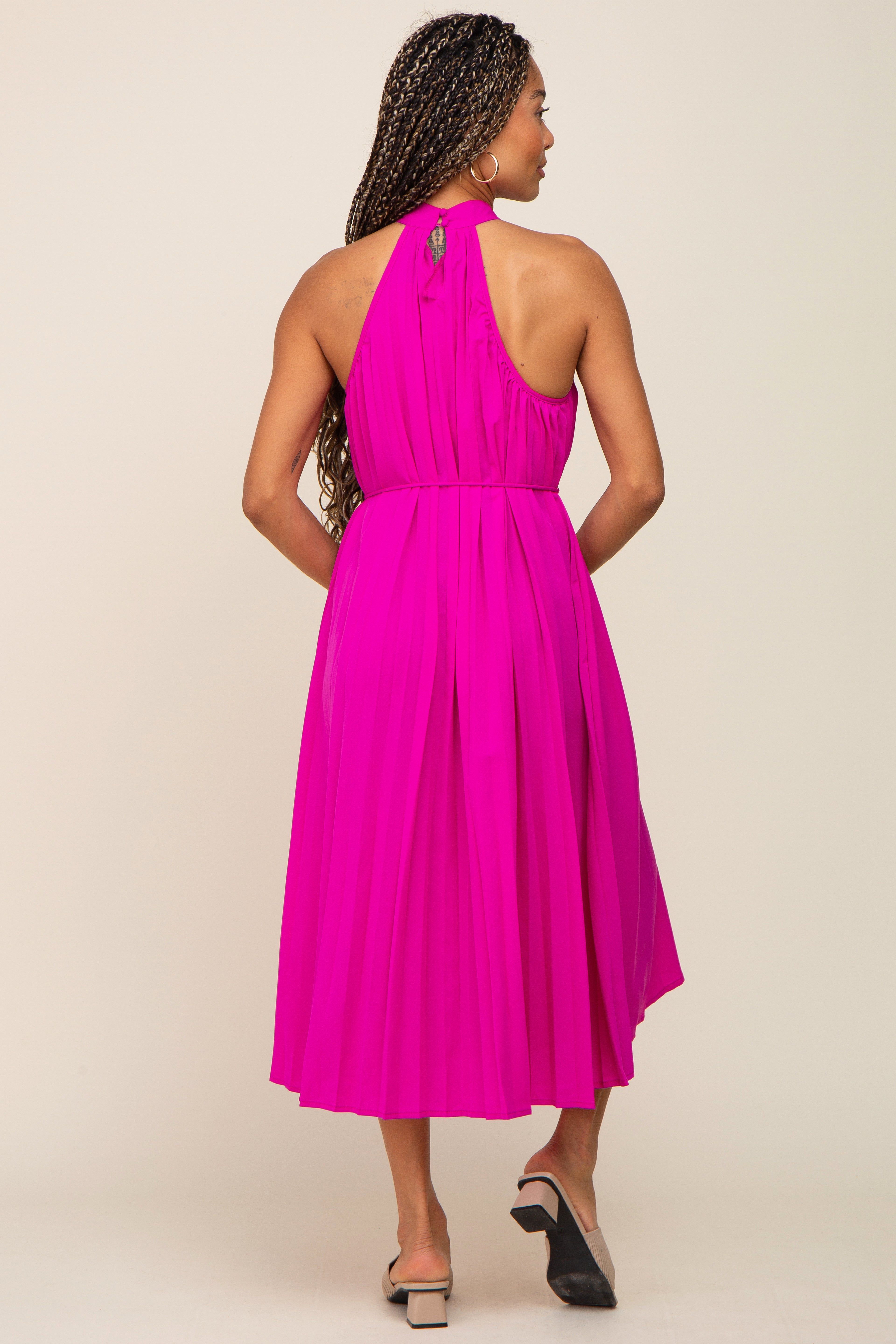 Magenta Pleated Halter Midi Dress sold by Pinkblush product image thumbnail 3
