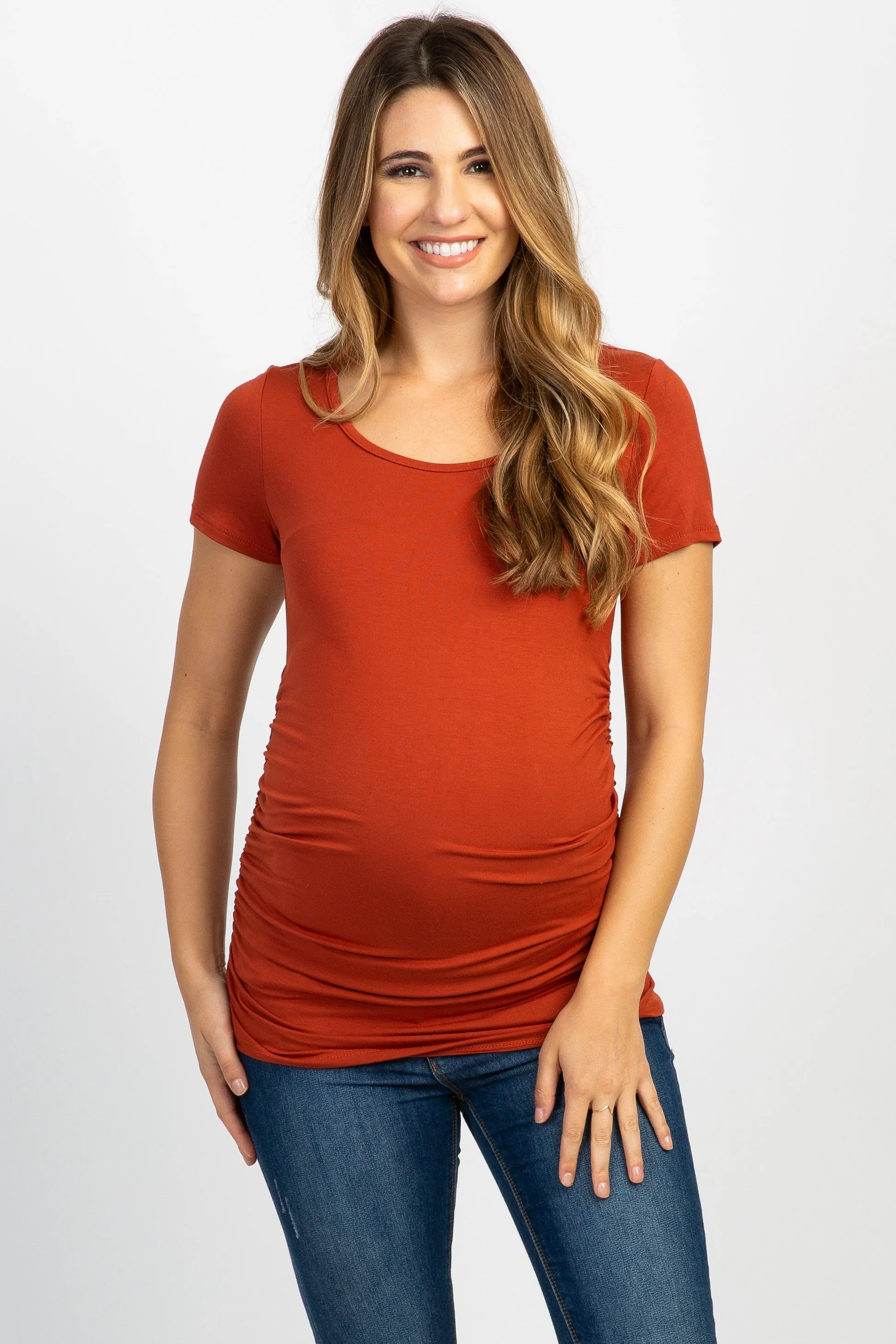 PinkBlush Rust Ruched Short Sleeve Maternity Top sold by Pinkblush