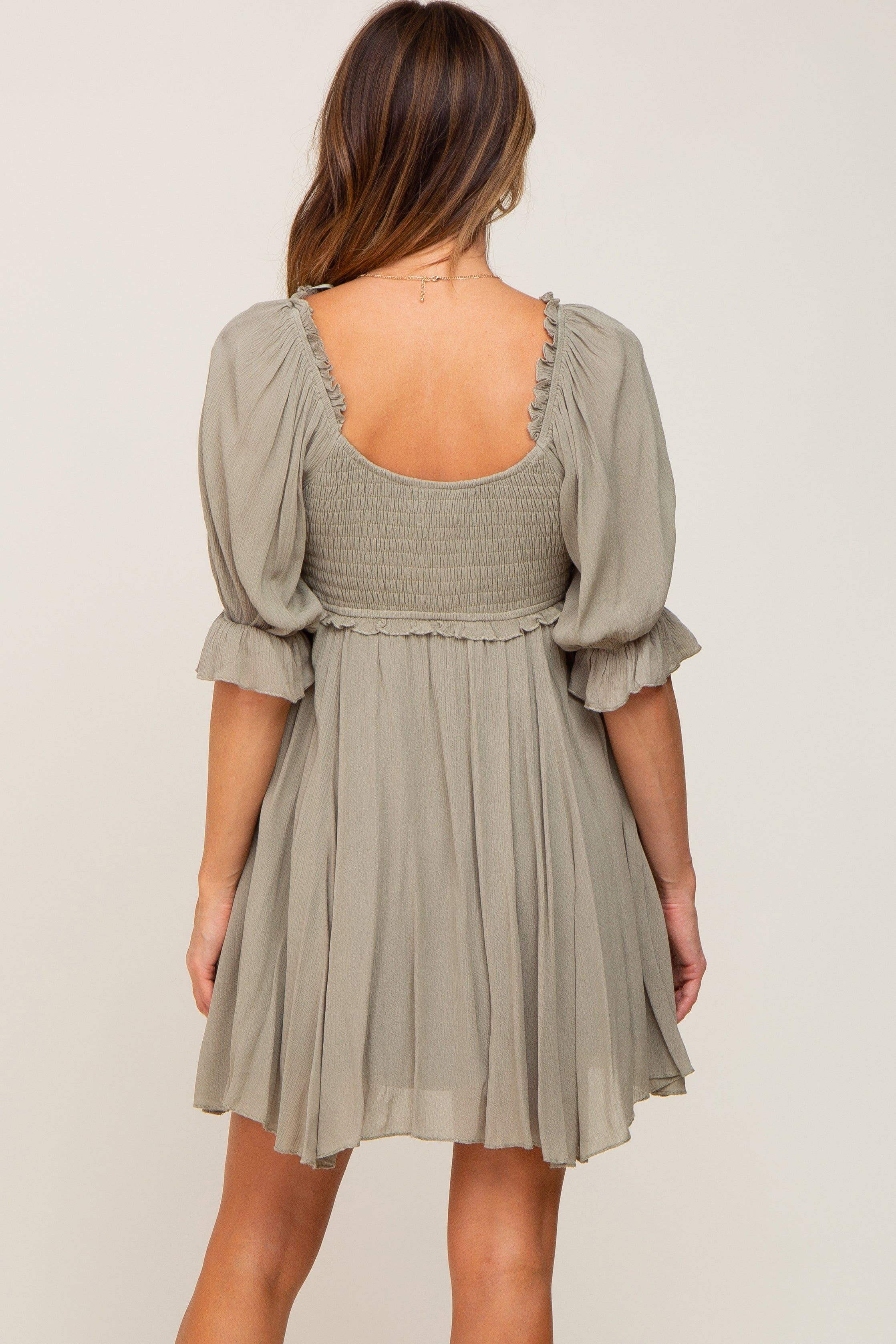 Olive Smocked Puff Sleeve Dress sold by Pinkblush product image thumbnail 3