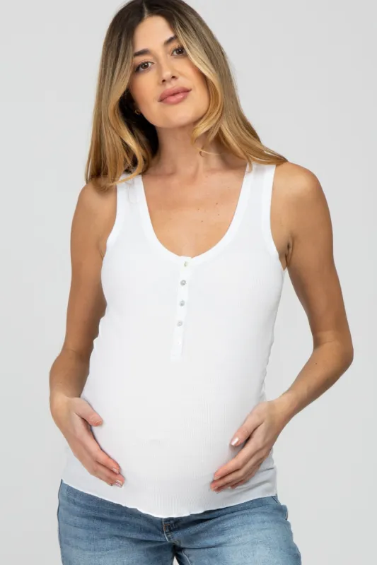 White Ribbed Button Front Maternity Tank Top sold by Pinkblush