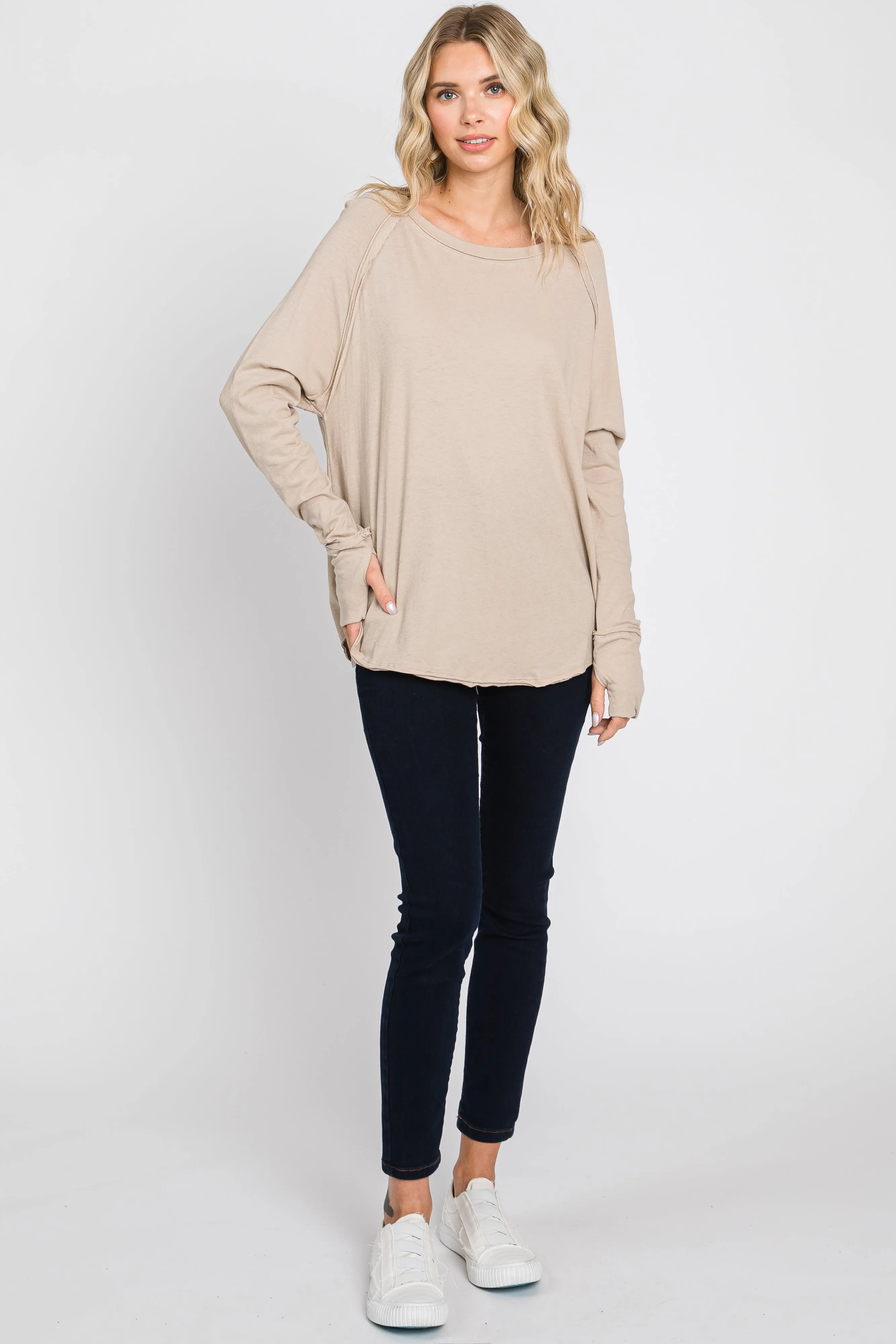 Taupe Exposed Seam Long Sleeve Top sold by Pinkblush product image thumbnail 4