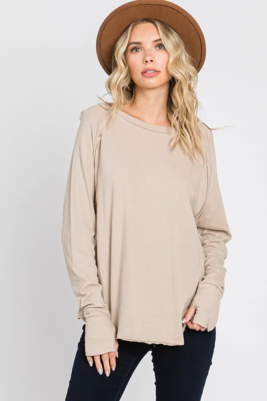 Taupe Exposed Seam Long Sleeve Top sold by Pinkblush