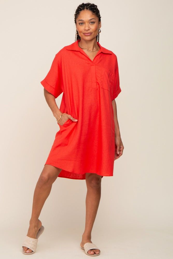 Orange Linen Collared Front Pocket Short Sleeve Dress sold by Pinkblush product image thumbnail 5
